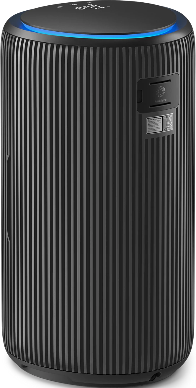 Purificatore d'aria, nero con linee verticali, un coperchio circolare con luce blu e un logo.