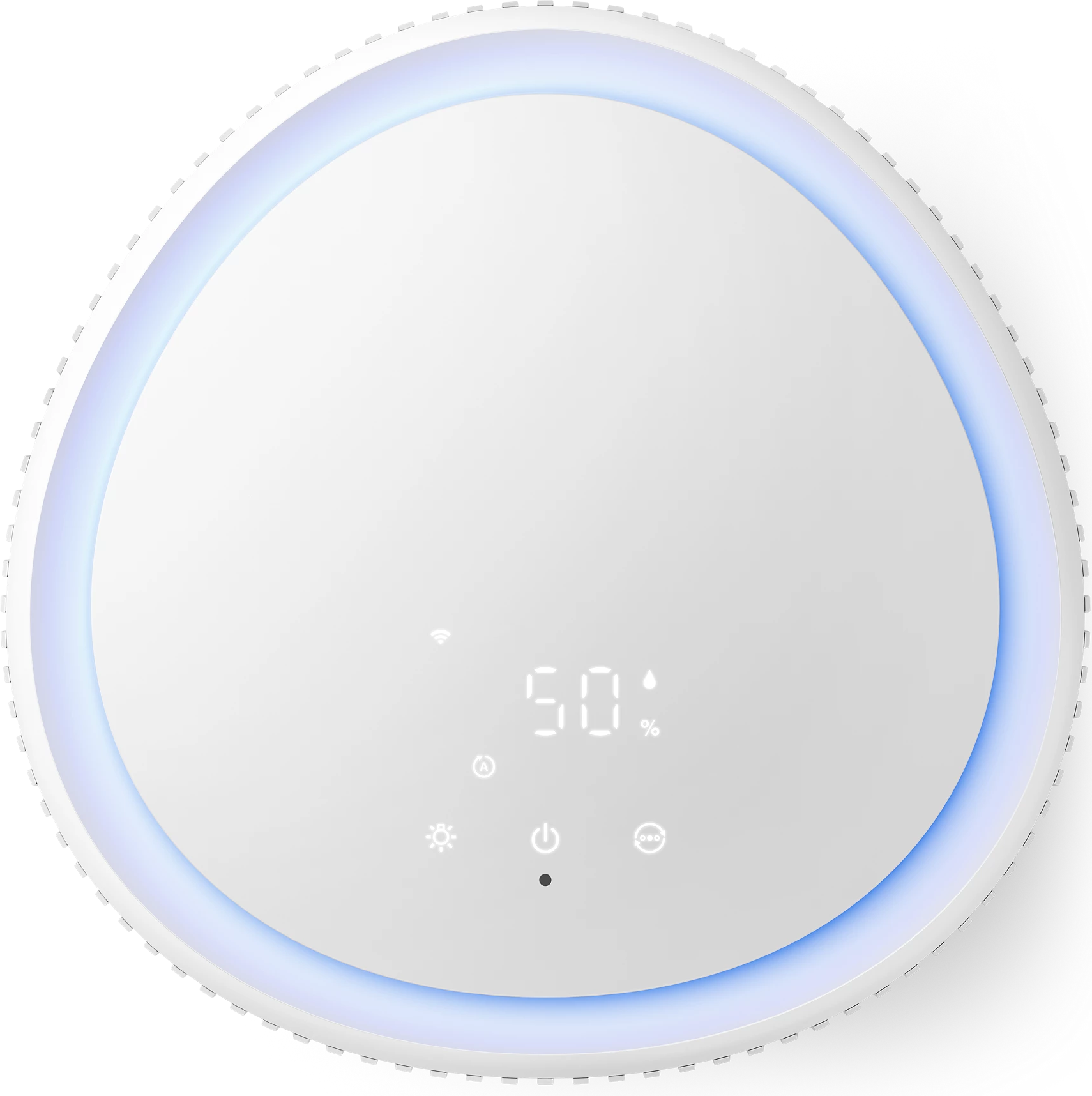 Un appareil blanc et rond avec une lumière bleue autour du bord et affichant 50%.