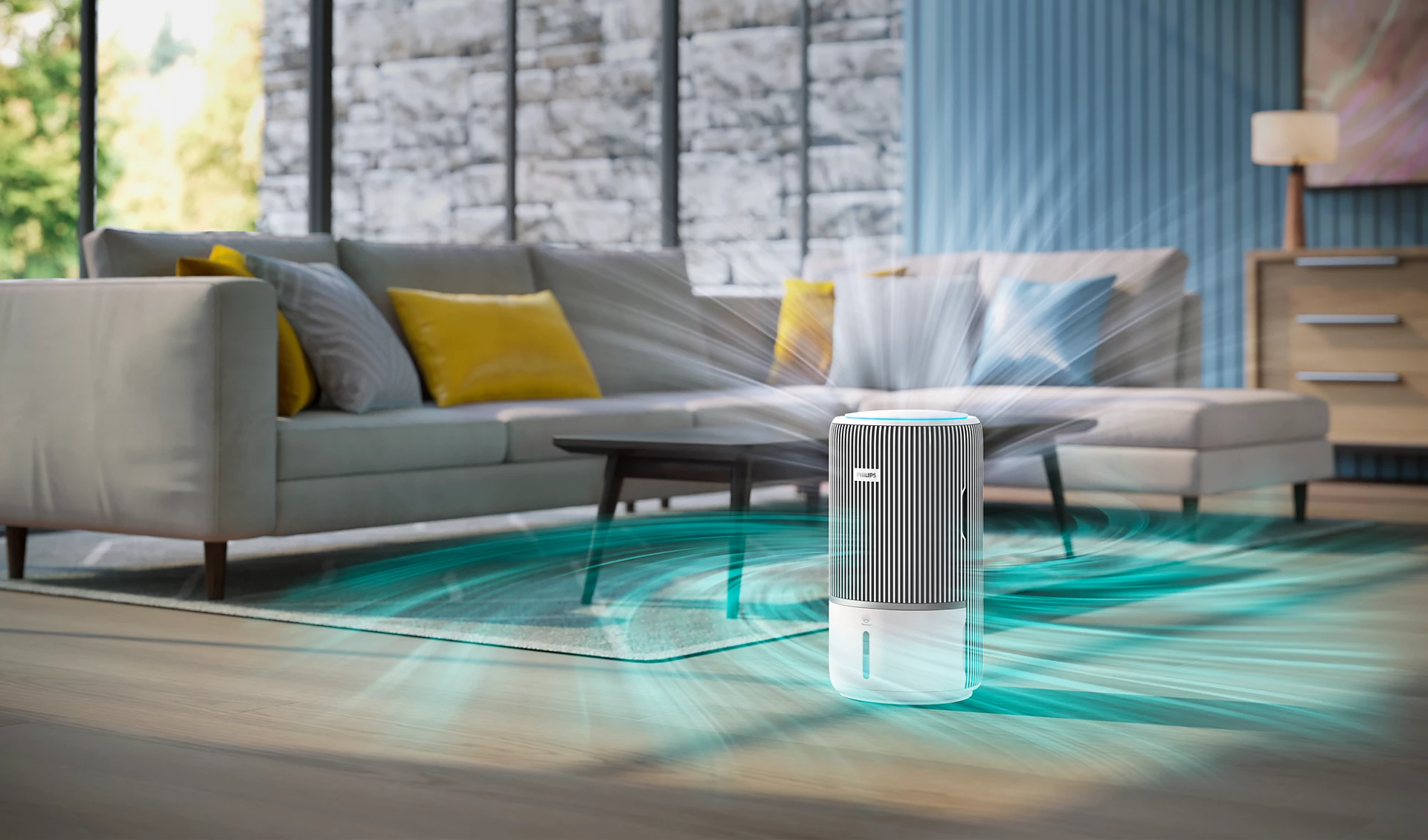 Un purificateur d'air est montré dans un salon, avec des courants d'air visualisés en bleu.