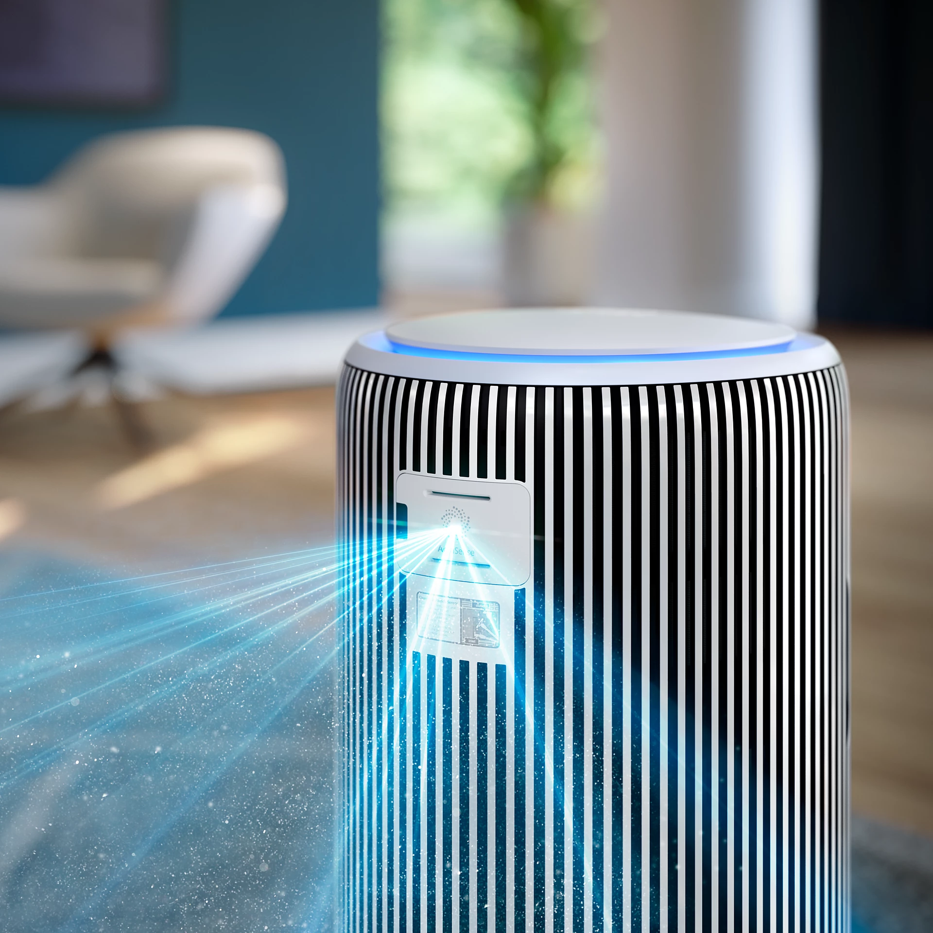 Purificateur d'air à rayures noires et blanches, lumière bleue et flux d'air.