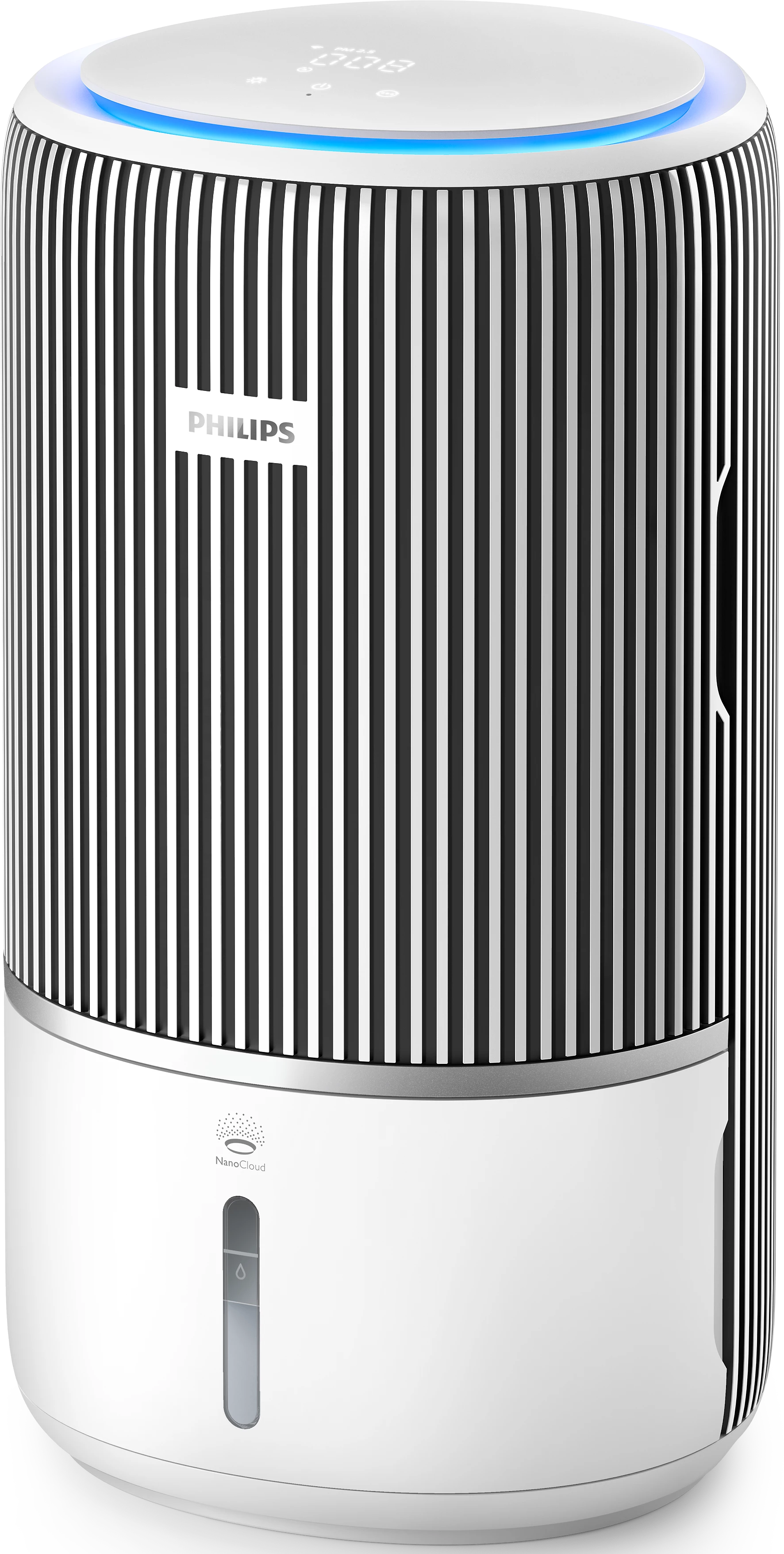 Purificateur d'air à rayures blanches et noires. Dessus avec lumière bleue et base blanche.