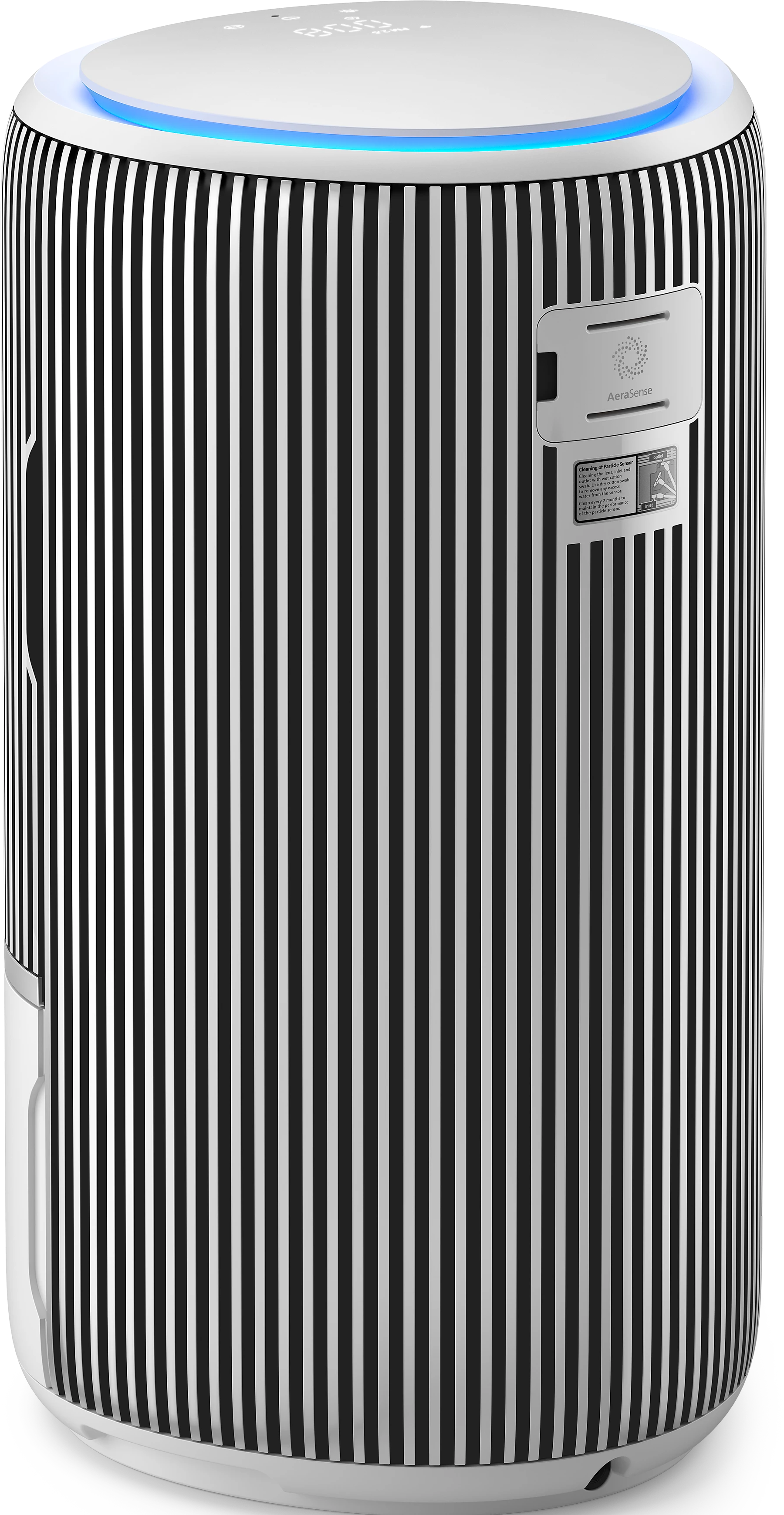 Un purificateur d'air avec des rayures verticales noires et blanches et une lumière bleue sur le dessus.