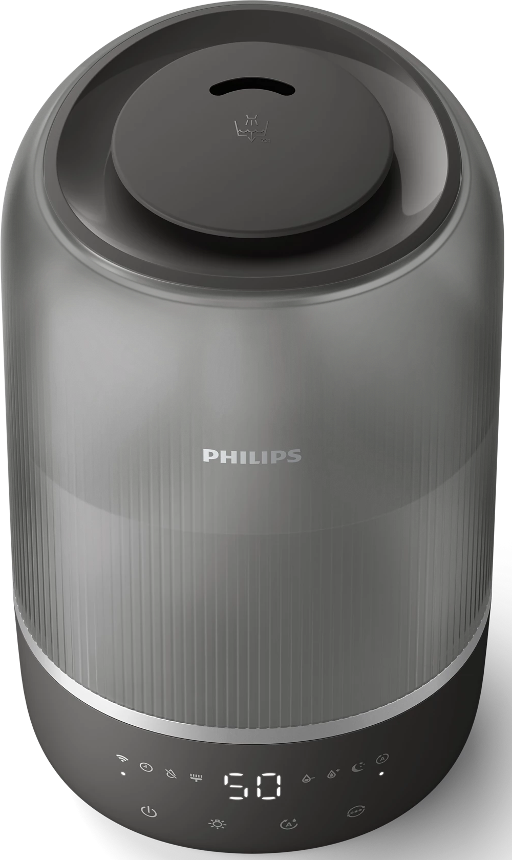 Ein Philips Luftreiniger in Dunkelgrau. Er hat einen schwarzen Deckel und ein weißes Display.