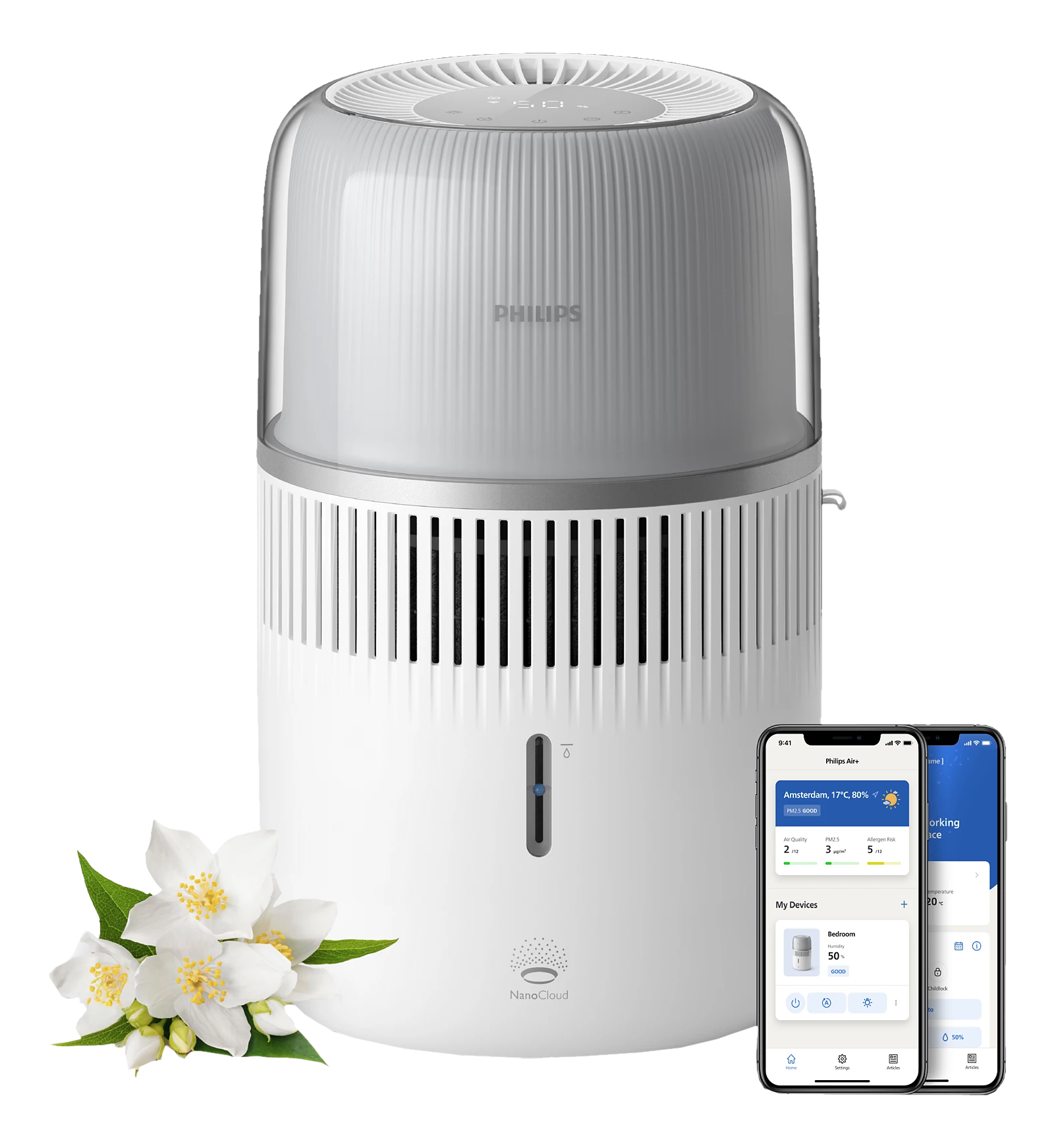 Purificateur d'air blanc avec dessus transparent. Deux téléphones à droite. Fleurs blanches à gauche. Fond noir.