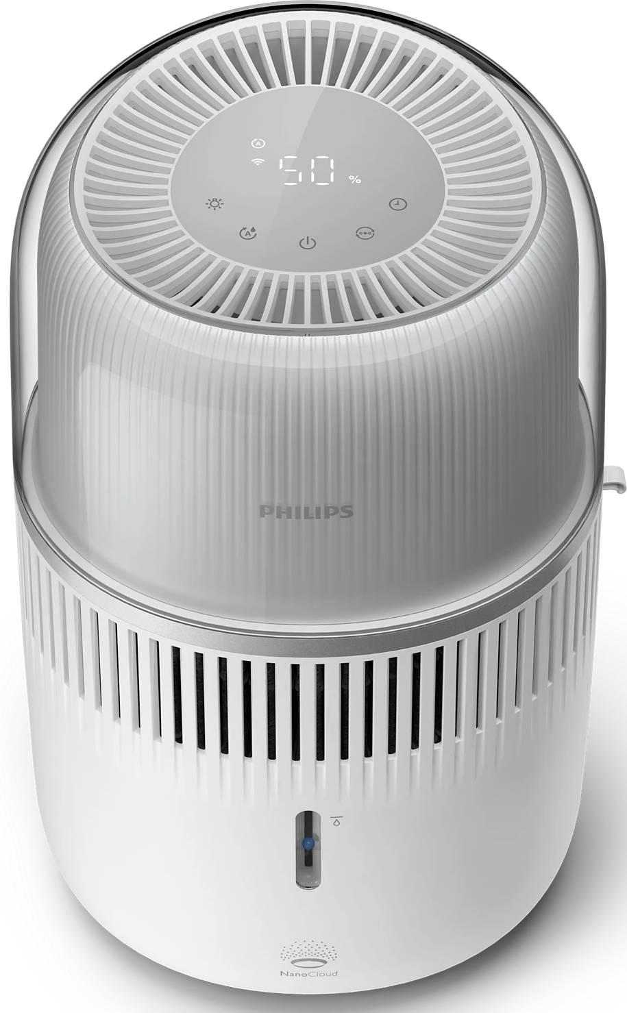 Vue de dessus d'un purificateur d'air Philips blanc avec un dessus transparent.