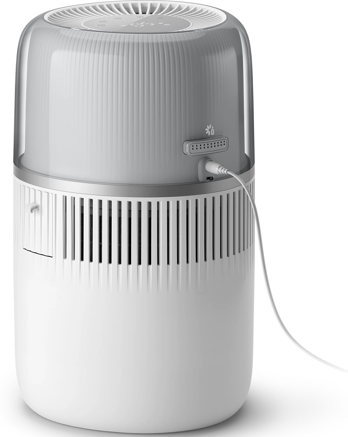 Purificateur d'air, blanc et gris, avec un câble de chargement branché.