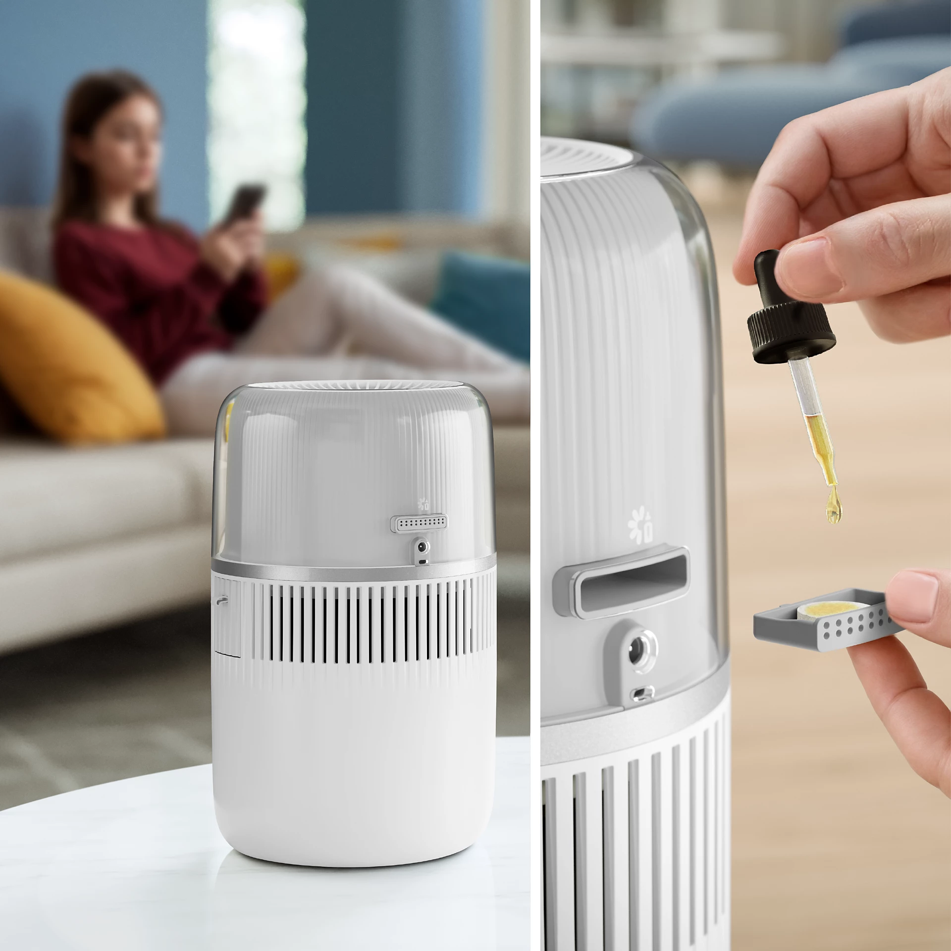 Un purificateur d'air avec une femme utilisant un téléphone en arrière-plan, et une personne ajoutant de l'huile.