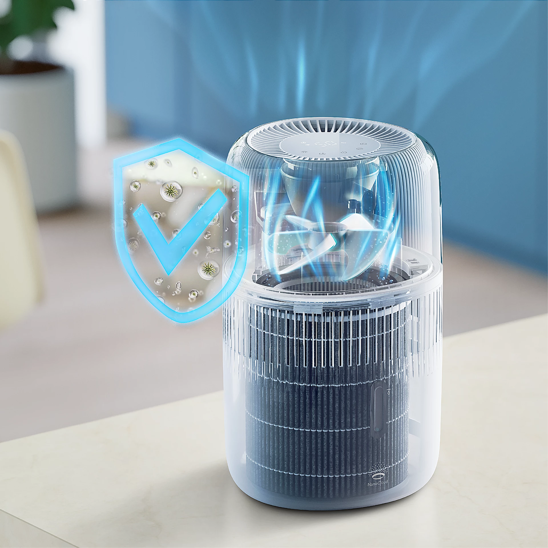 Purificateur d'air avec une icône de bouclier bleu, montrant le flux d'air propre. Table blanche, mur bleu.