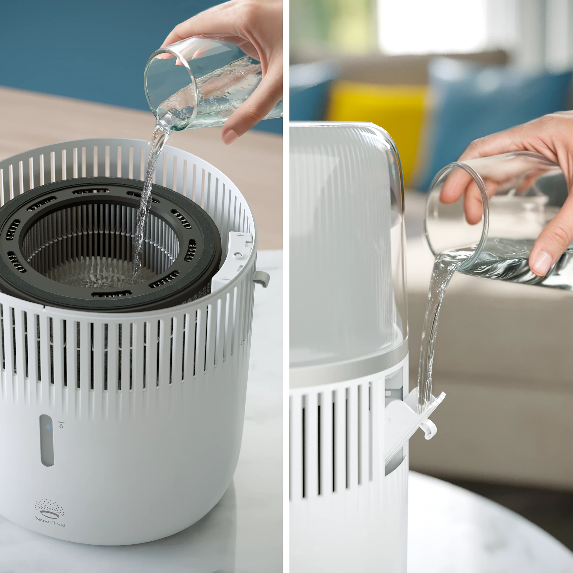 Deux images montrant de l'eau versée dans un purificateur d'air blanc ; l'une dans un filtre et l'autre par le haut.