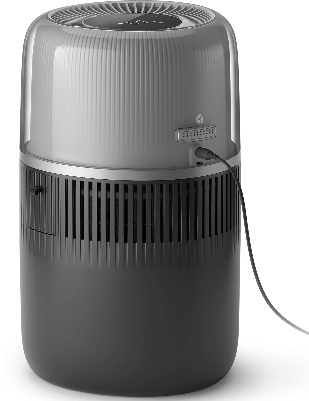 Purificatore d'aria in plastica grigia e trasparente, con cavo di alimentazione.