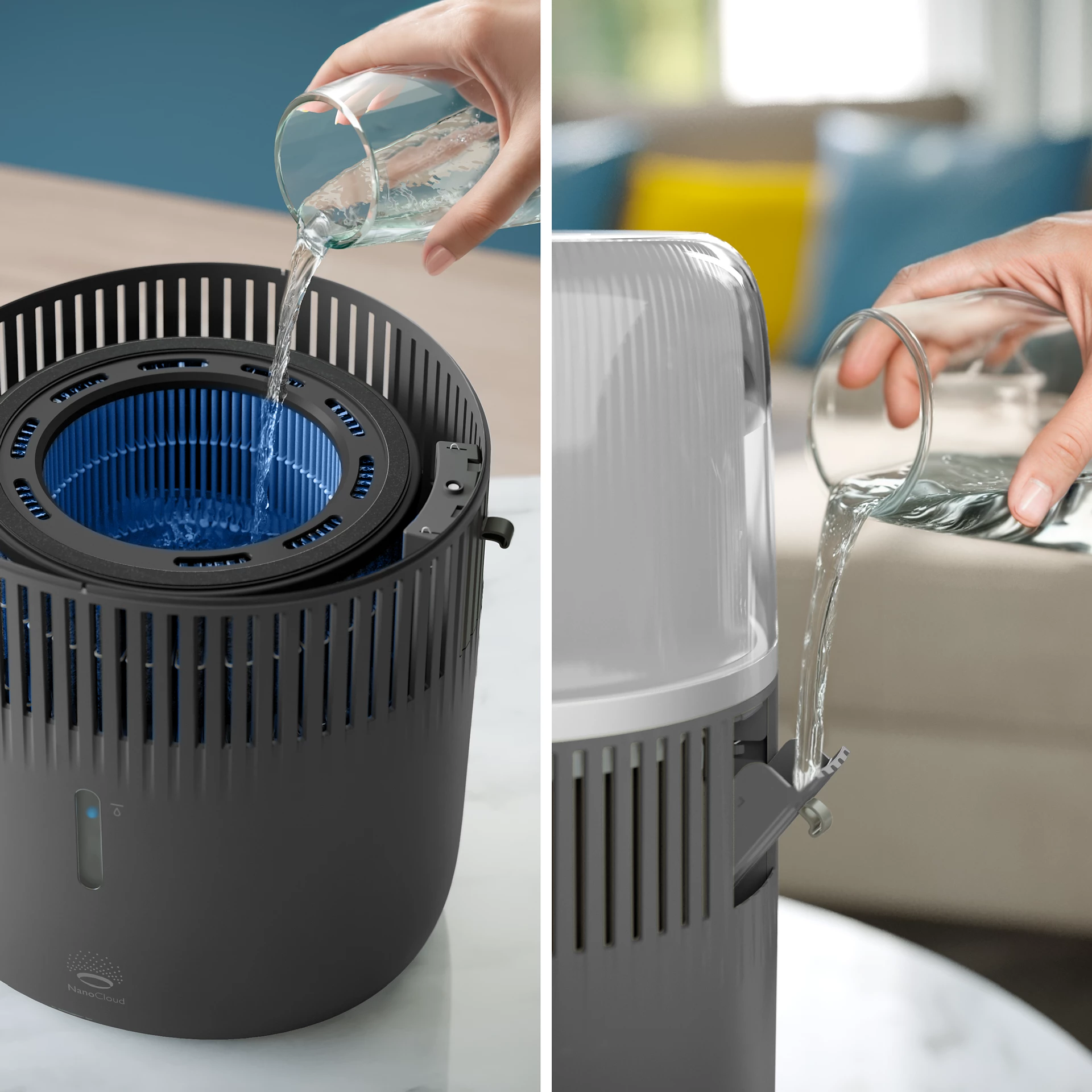 Due mani versano acqua nell'umidificatore, una di lato e l'altra dall'alto.