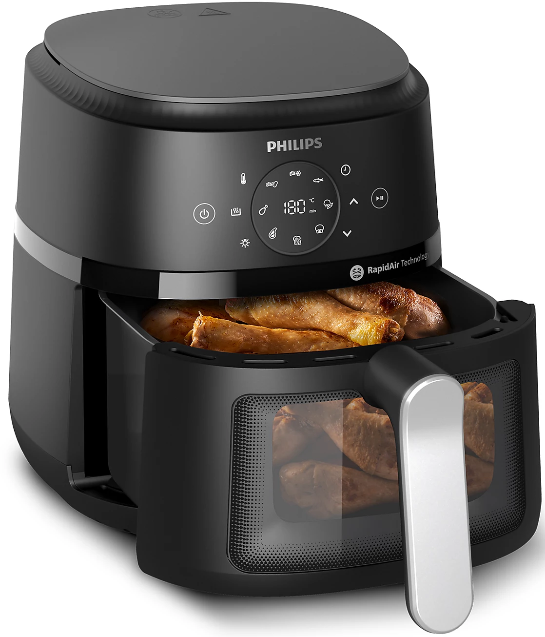 Airfryer Philips noir avec du poulet frit à l'intérieur, sur un comptoir blanc, avec un fond noir.