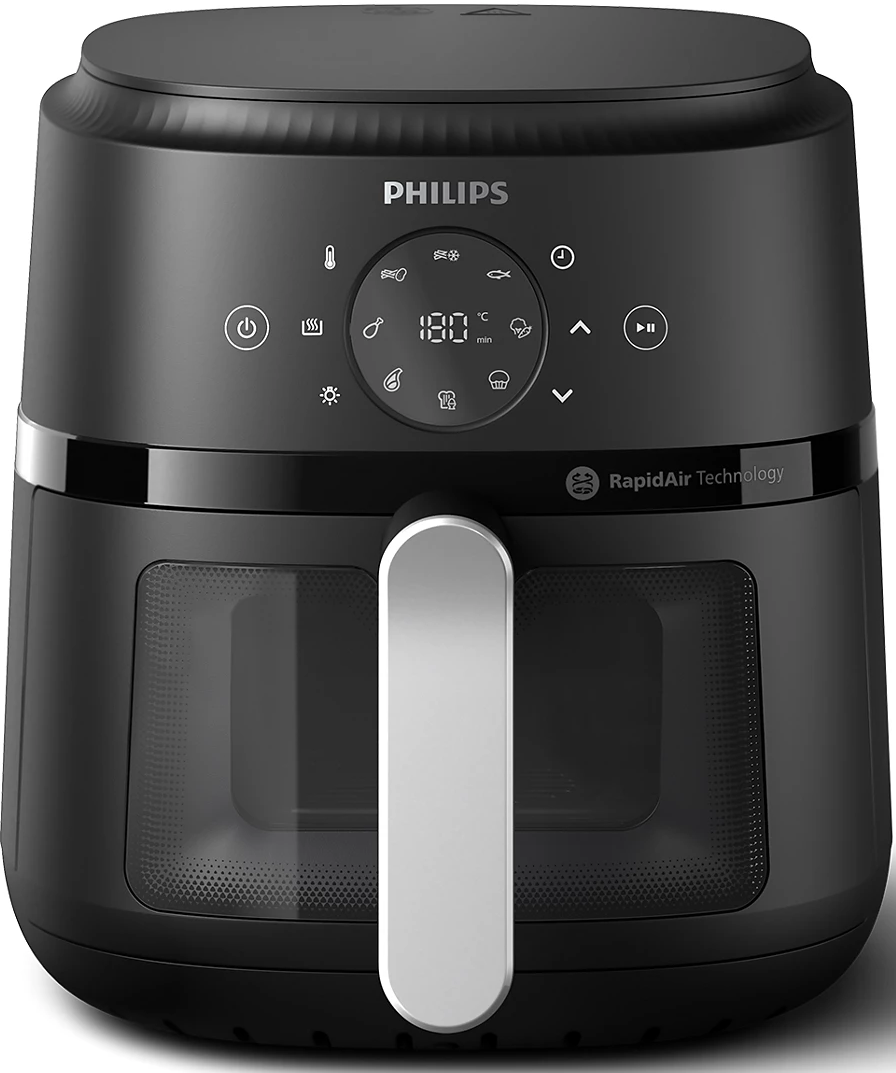 Un Airfryer Philips noir avec écran numérique et poignée en acier inoxydable.