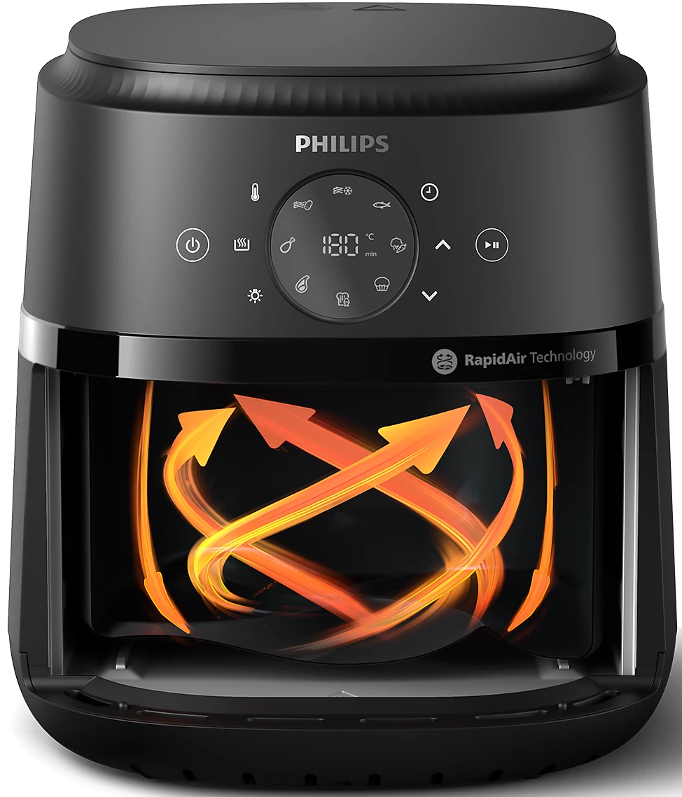 Une friteuse à air Philips noire avec une vue détaillée de la circulation d'air interne.