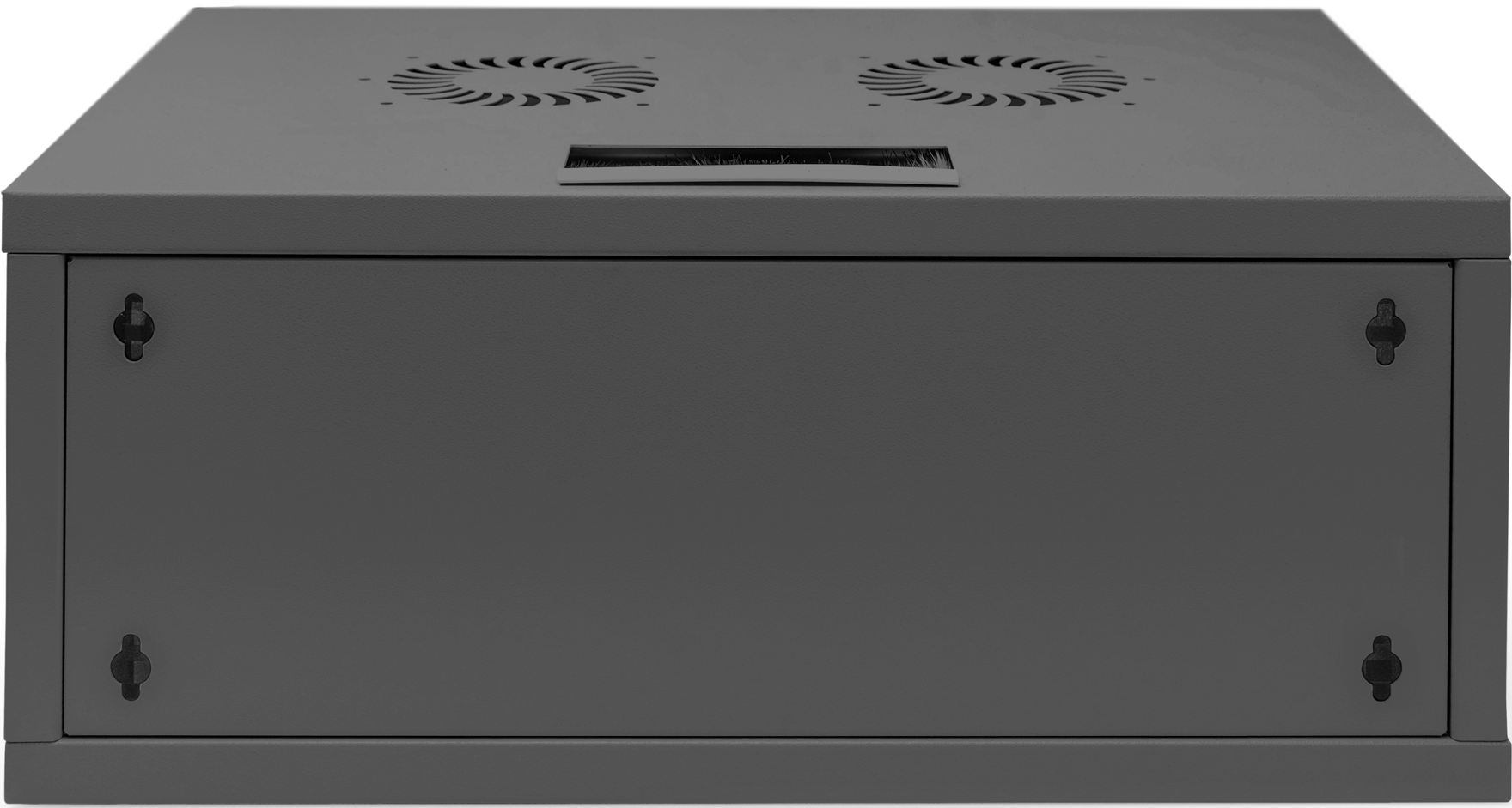 Ein dunkelgrauer Serverschrank mit sichtbaren Lüftern und Befestigungslöchern.