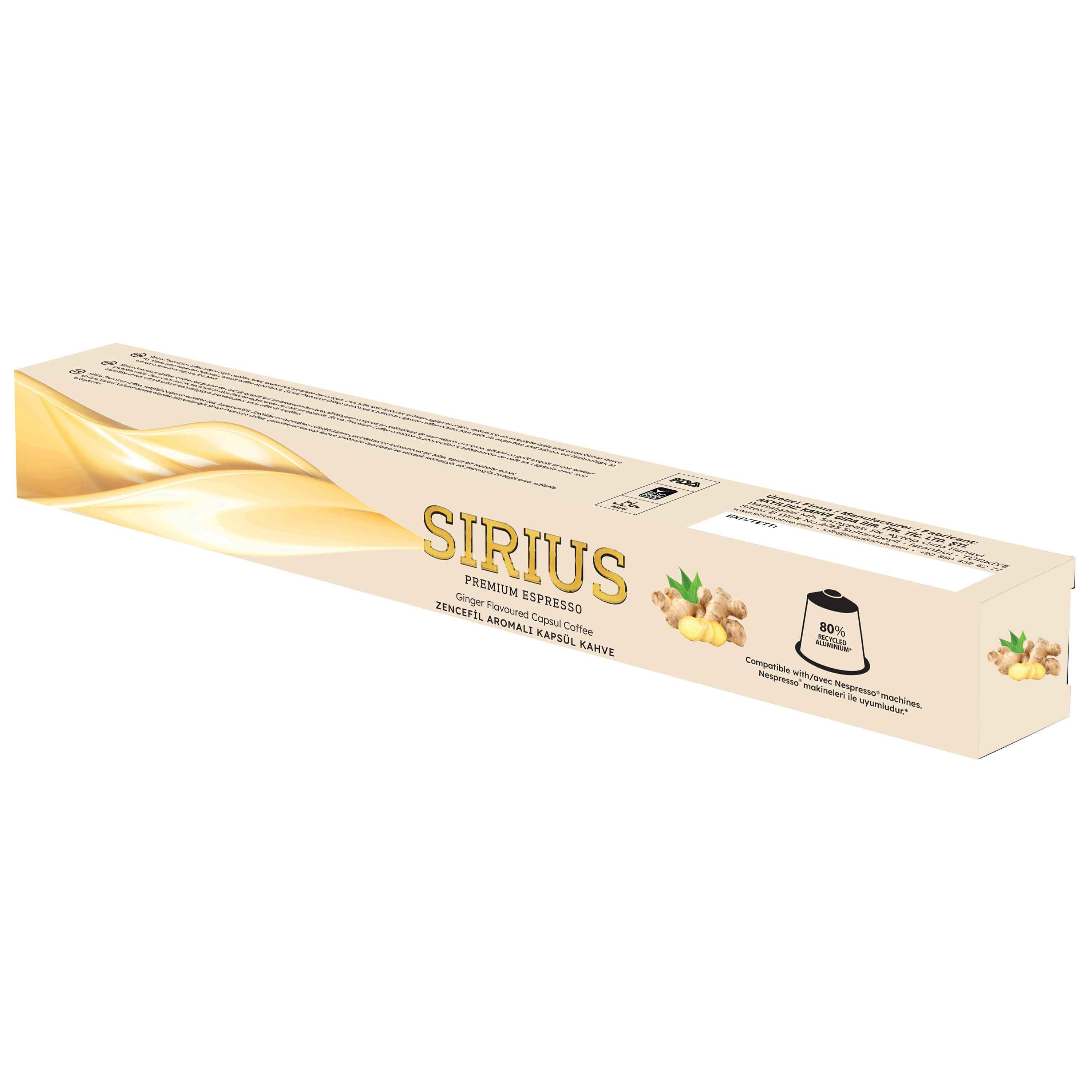 Zencefilli Sirius Premium Espresso kahve kapsülleri kutusu ve zencefil kökleri.