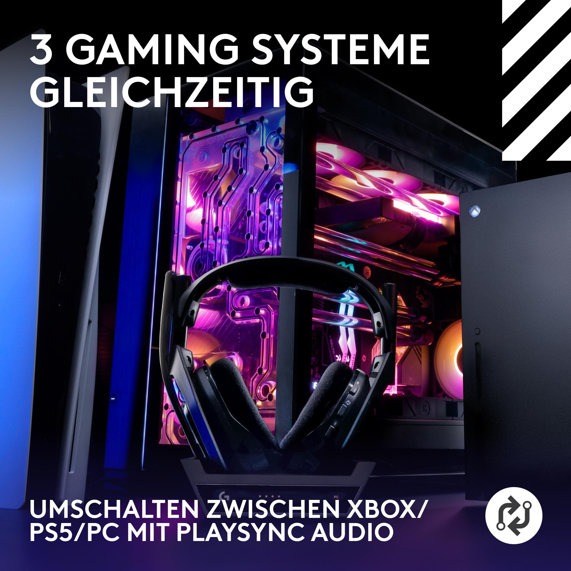 Ein Gaming-Setup mit drei Systemen, einem Headset und leuchtenden Lichtern.
