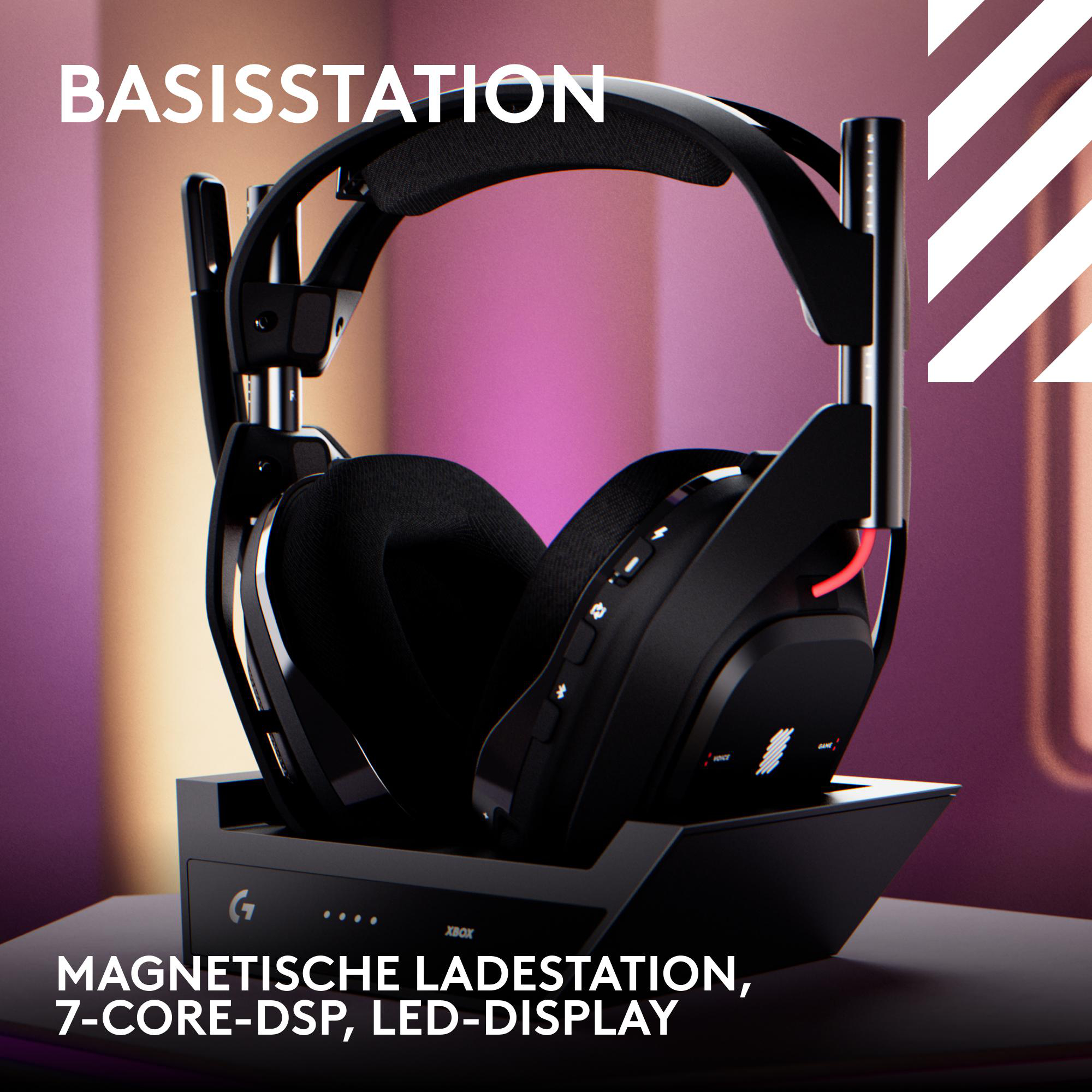 Astro Gaming-Headset auf seiner Basisstation. Es ist schwarz mit weißen Akzenten.