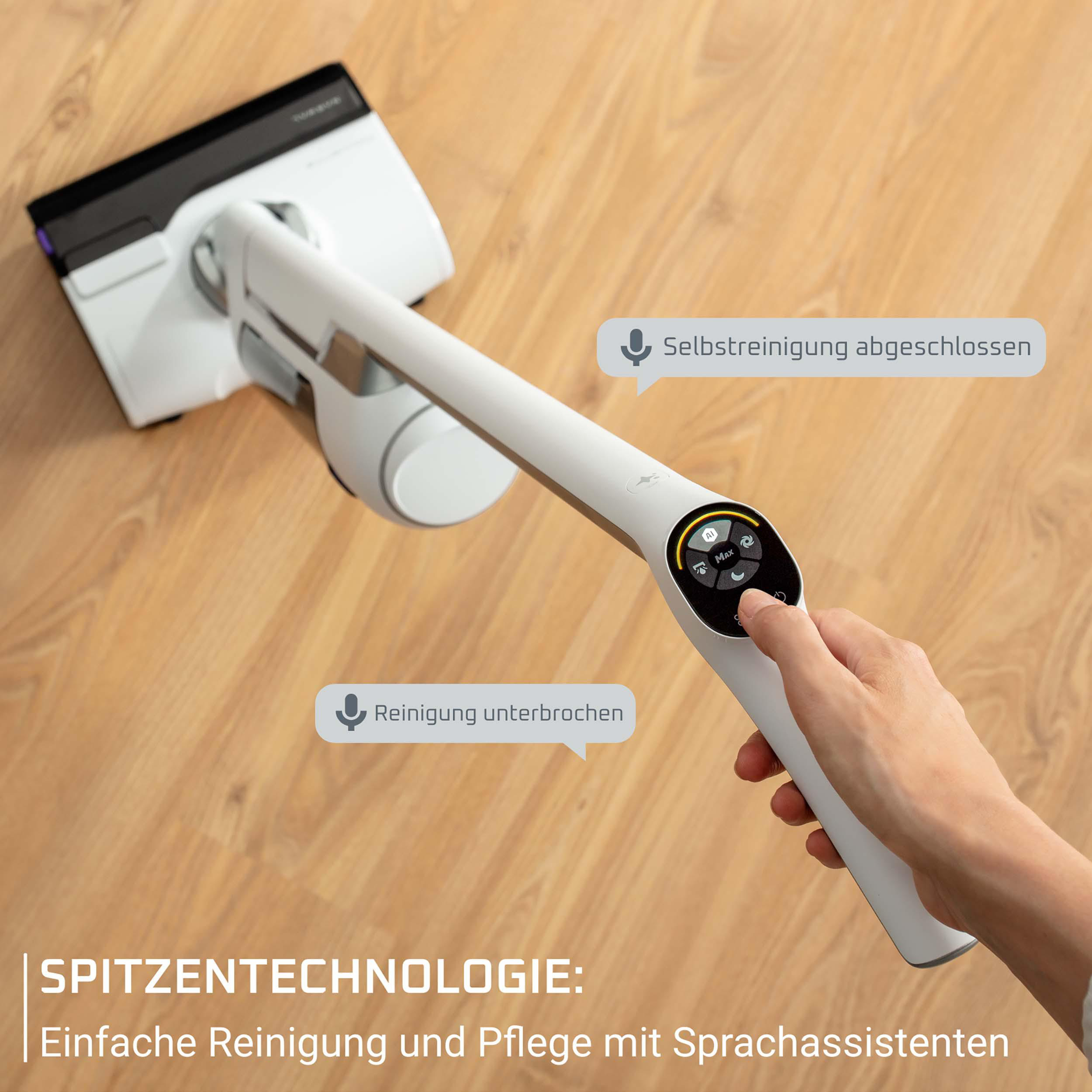 Hand benutzt kabellosen Staubsauger. Textblasen: Reinigung unterbrochen, Reinigung abgeschlossen.