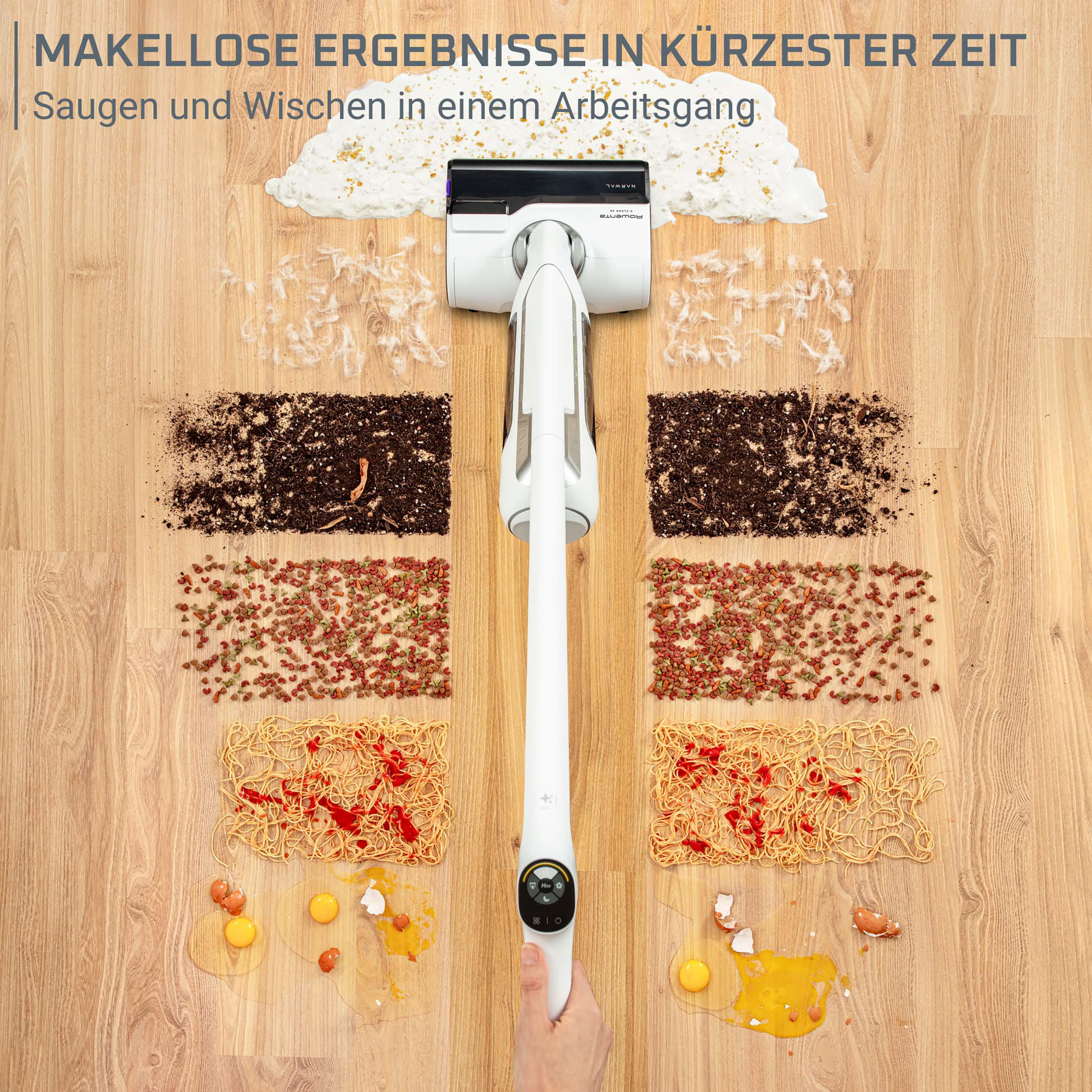 Ein Staubsauger reinigt verschiedene Verschmutzungen auf einem Holzboden. Die Verschmutzungen umfassen Flüssigkeiten, Schmutz und Lebensmittel.