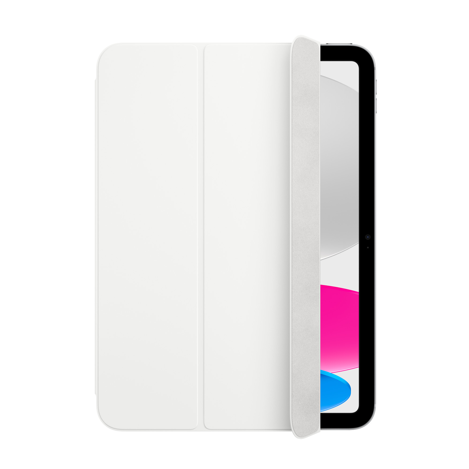 White tablet with a smart cover. Cover is open, revealing the screen with pink and blue colors.