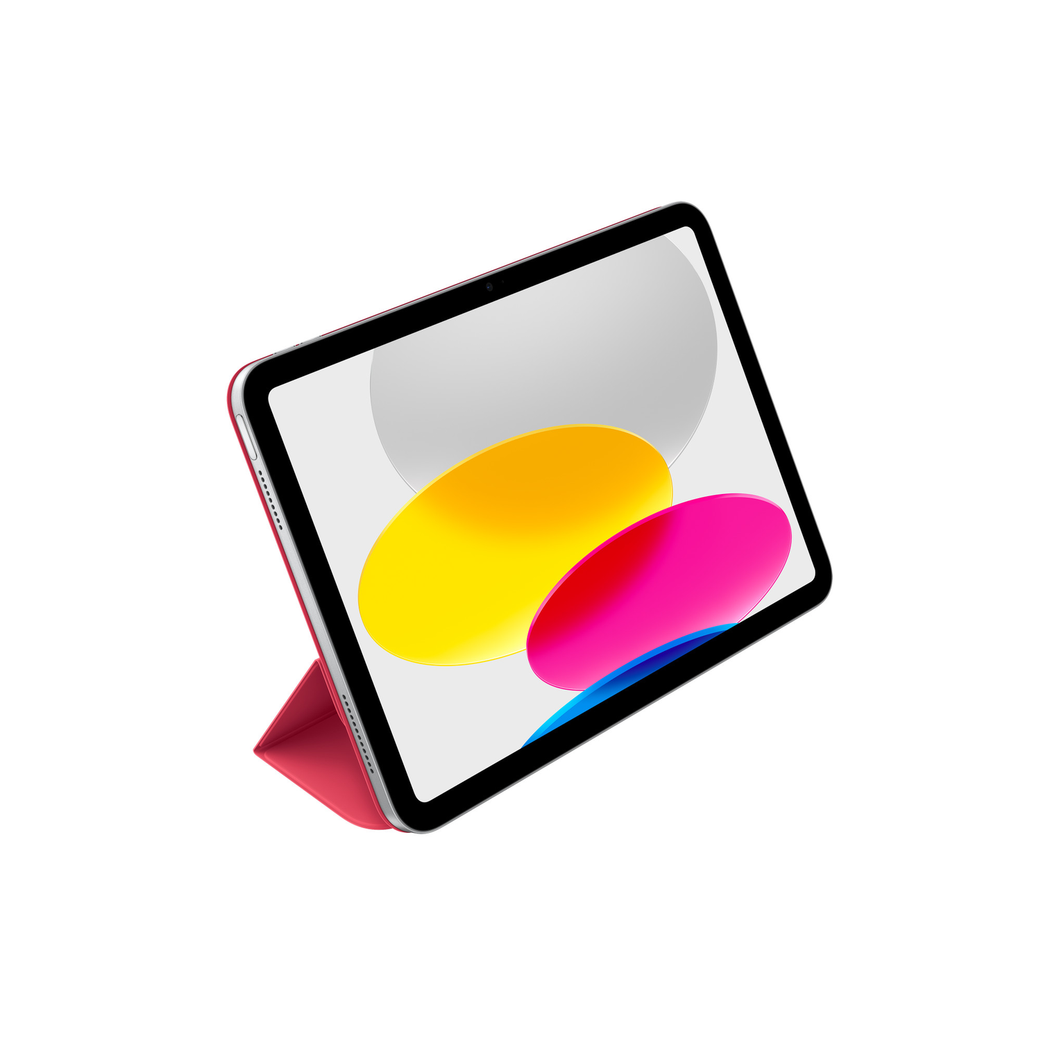 An iPad with a red cover on a white background, angled. The screen shows colorful shapes.