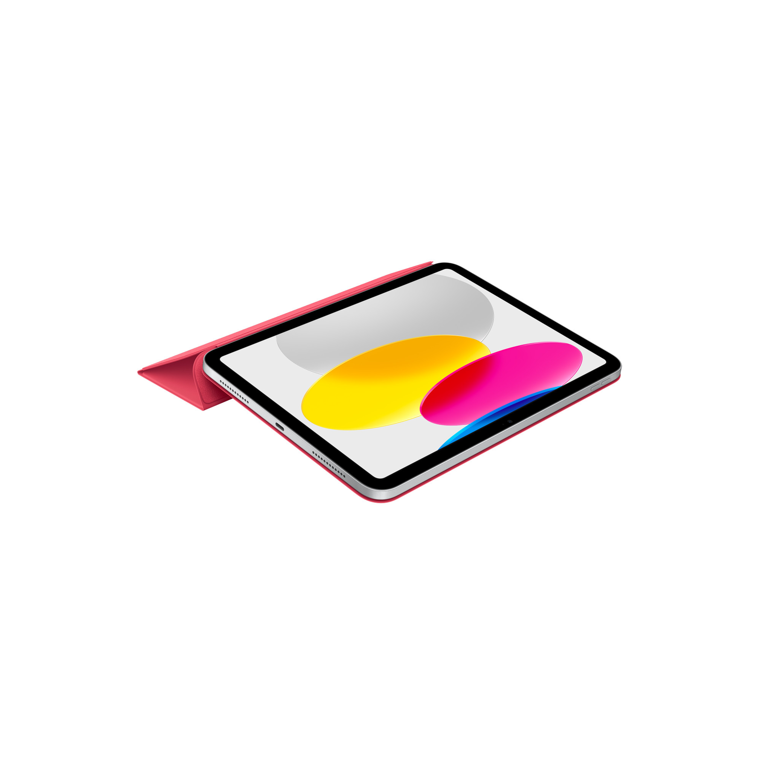 A tablet with a red case open, displaying colored shapes on a white background.