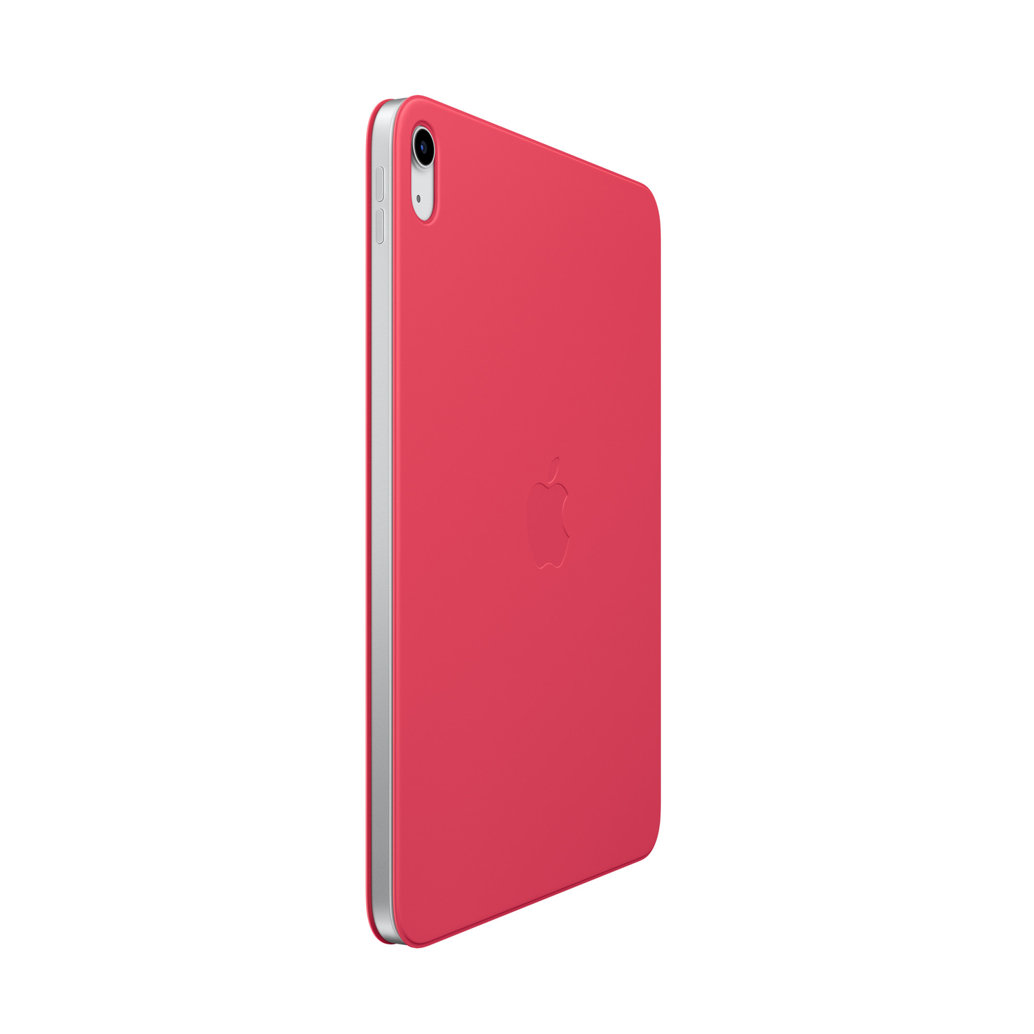 A red iPad turned to the side, showing the side button and camera.