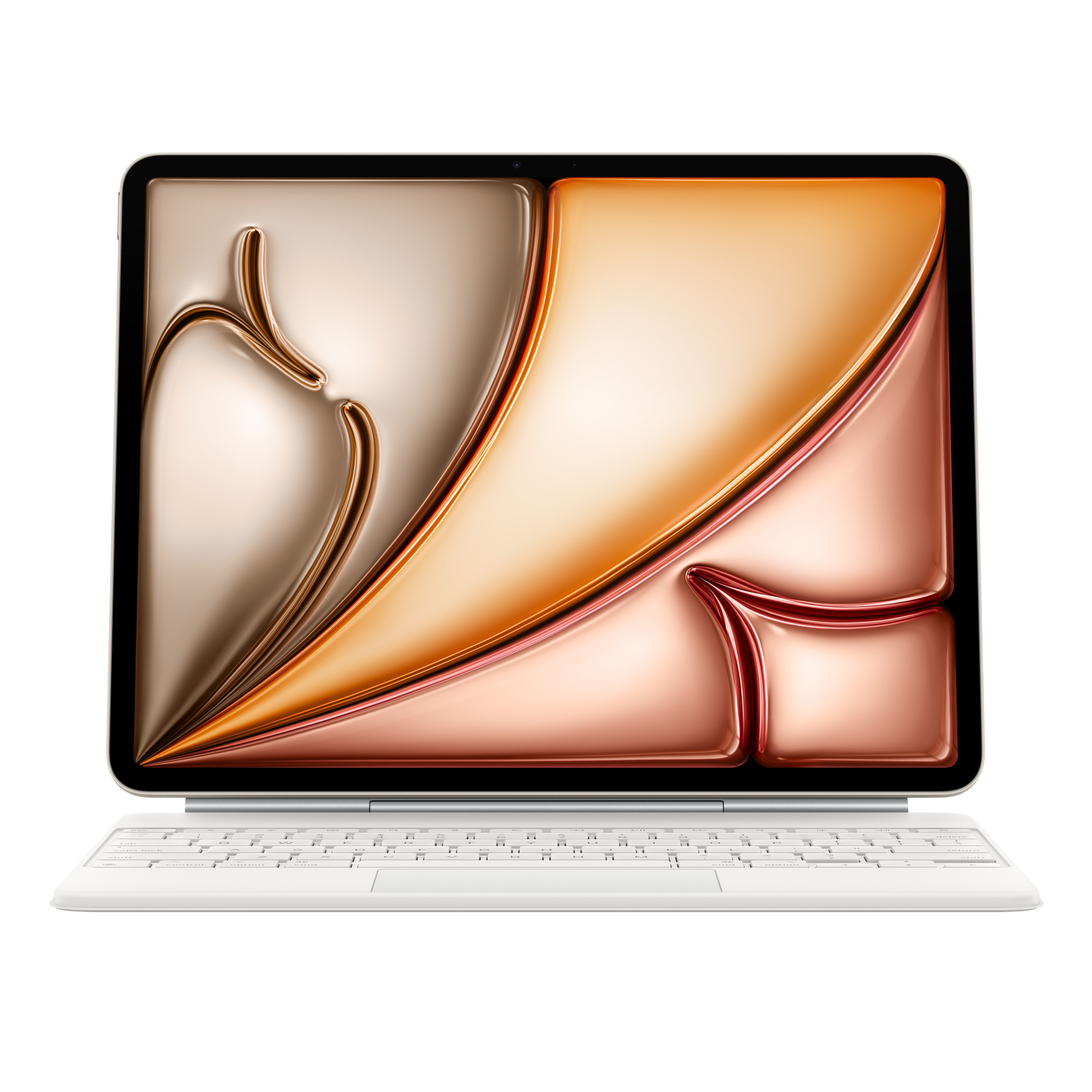 A tablet with a keyboard, showing a modern, abstract design on its screen, against white background.