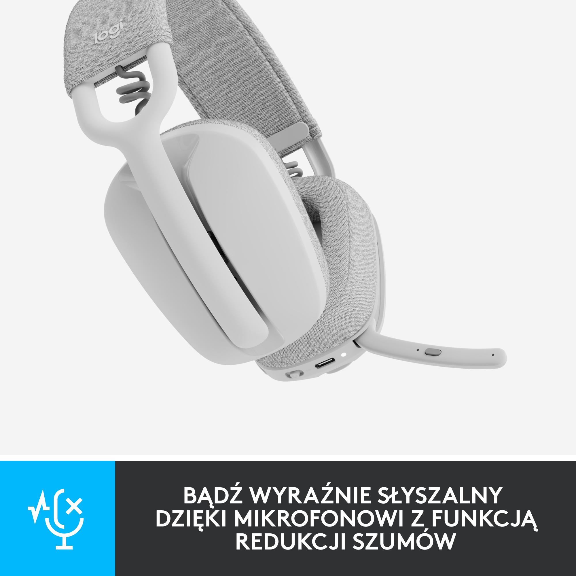 Białe słuchawki Logitech z mikrofonem. Tekst: 'Bądź wyraźnie słyszany dzięki mikrofonowi z redukcją szumów'.