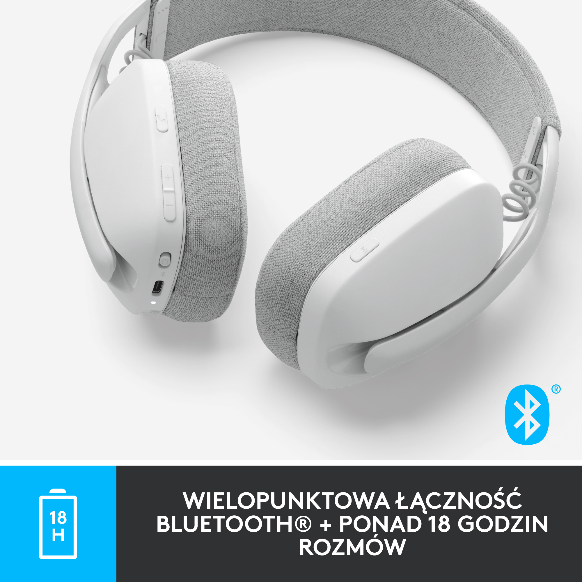 Białe słuchawki z szarą wyściółką, niebieskie logo Bluetooth i 18H żywotności baterii.