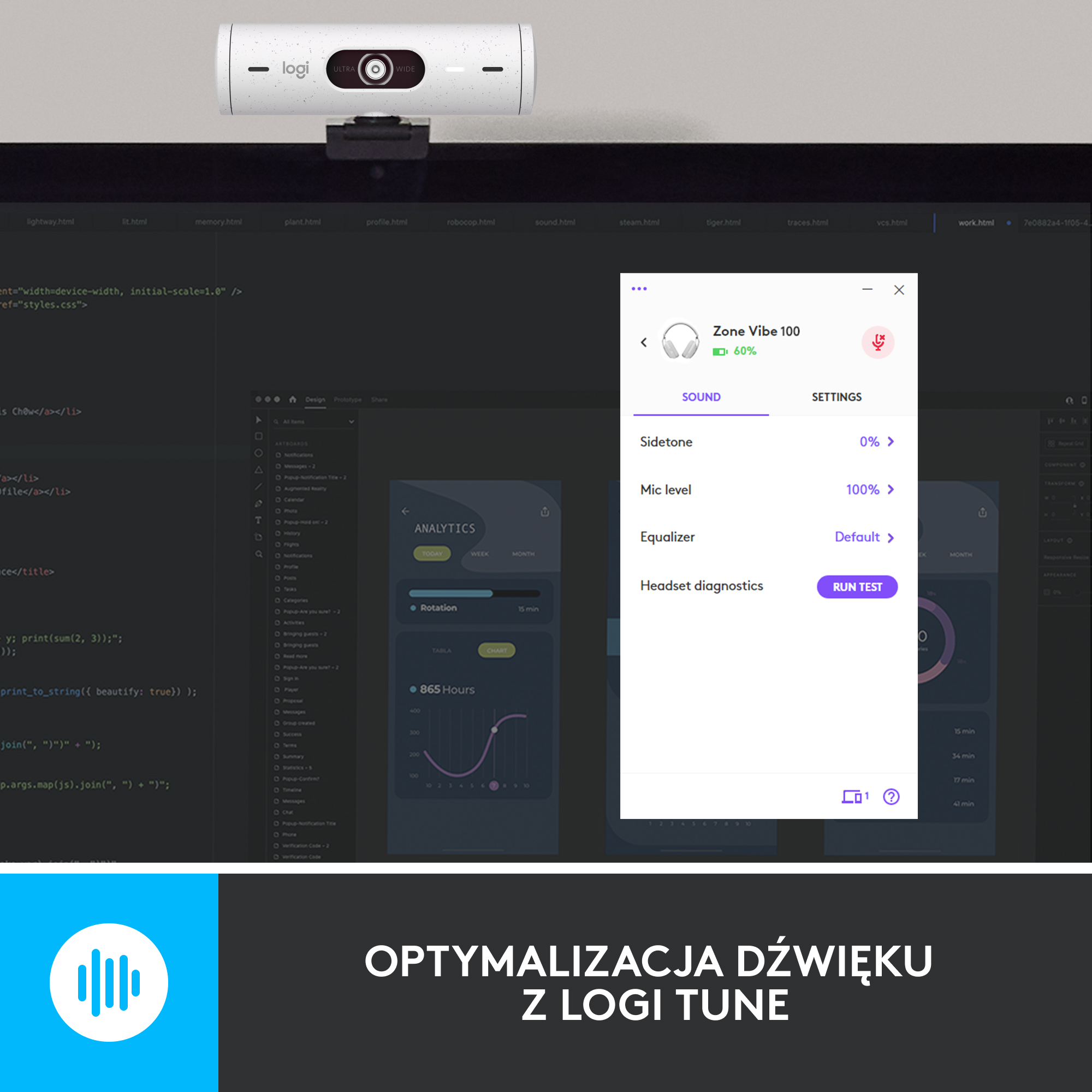 Kamera internetowa nad ekranem z oprogramowaniem i zestawem słuchawkowym.