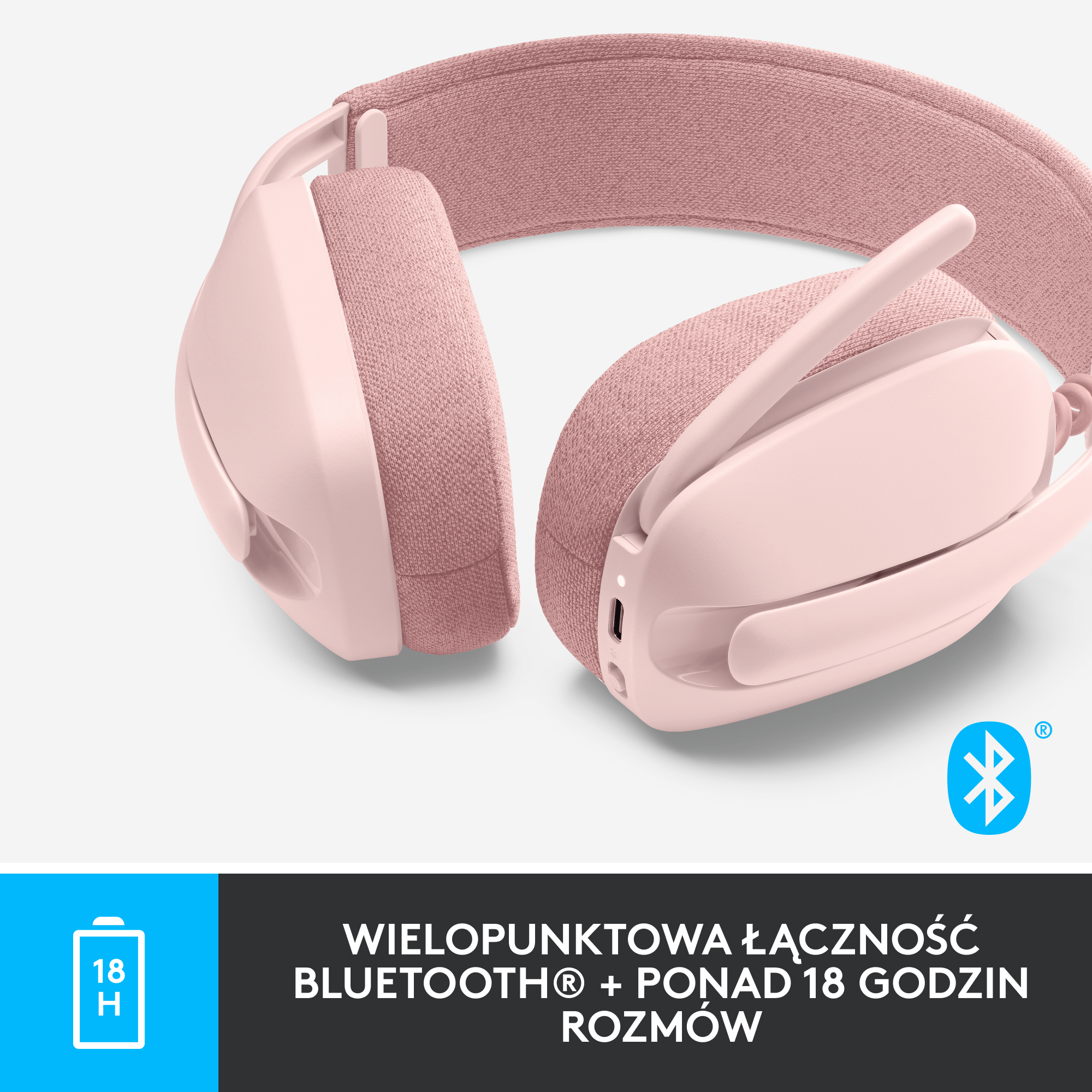 Różowe słuchawki z logo Bluetooth i tekstem o żywotności baterii (18h).