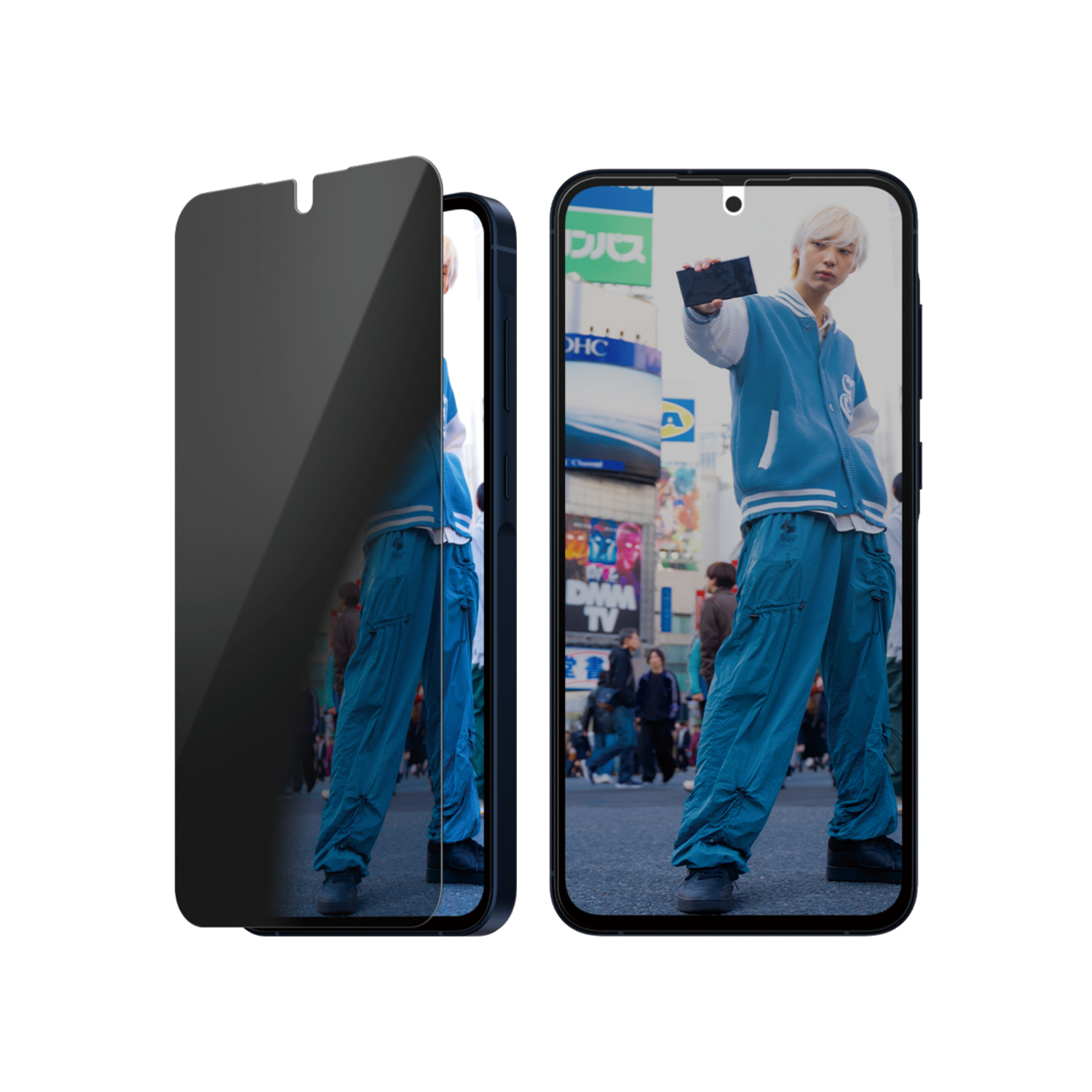 Deux smartphones, un avec écran de confidentialité.