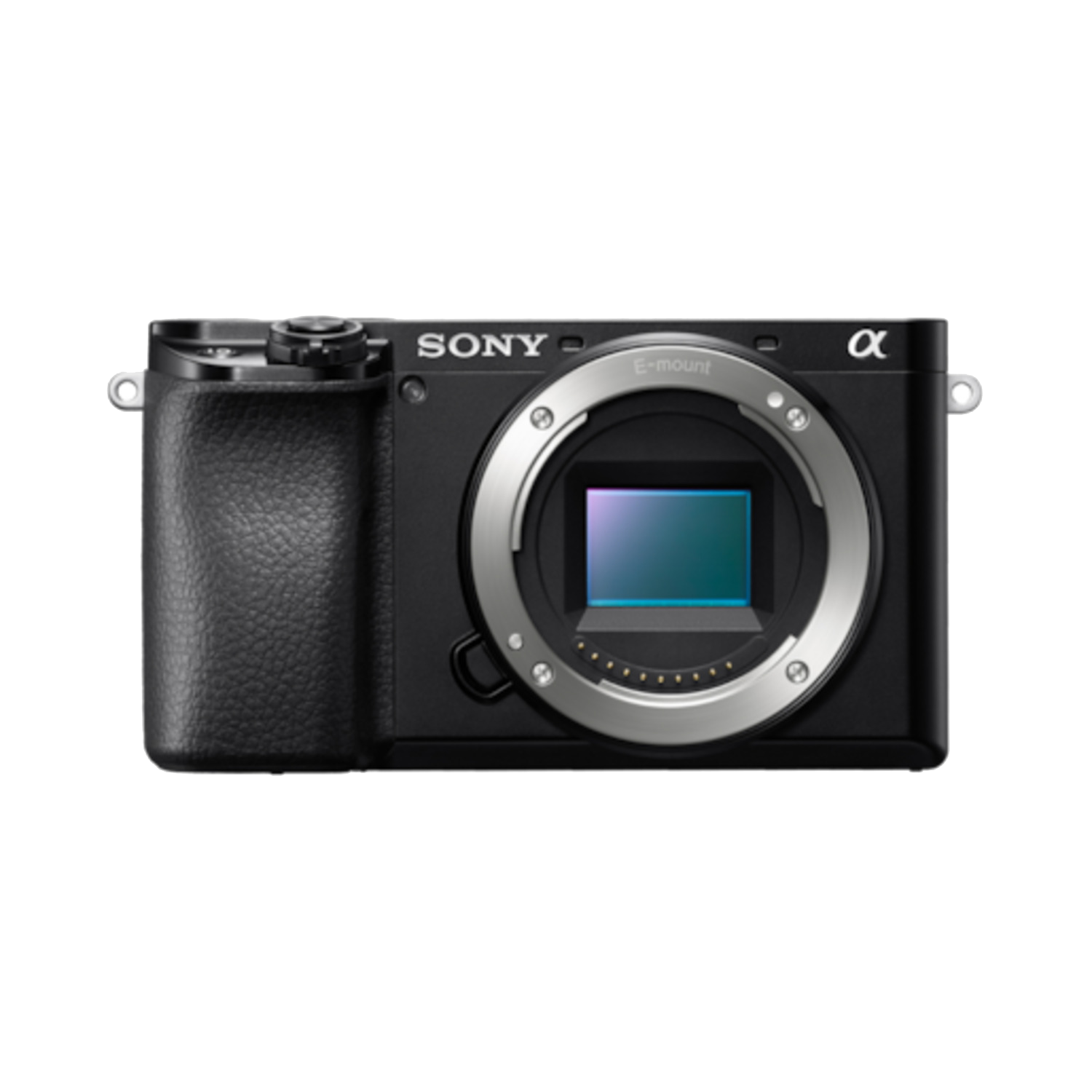 Appareil photo noir avec objectif, fond noir. La marque SONY est visible.