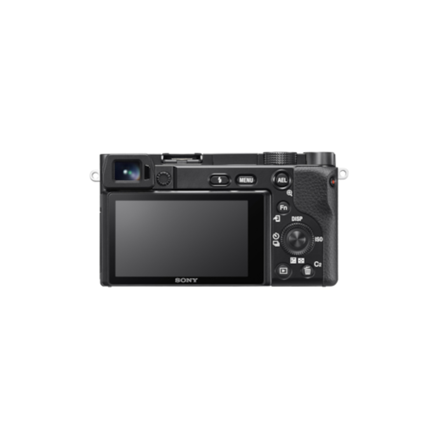Un appareil photo Sony noir avec un écran. L'objectif est à gauche. Boutons et molettes visibles. Fond blanc.