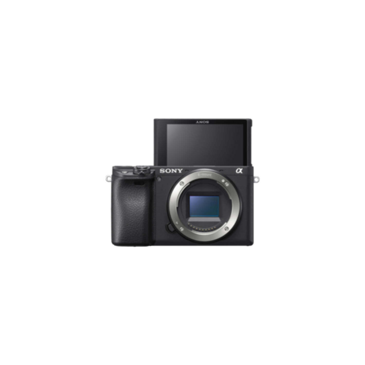 Appareil photo Sony Alpha noir avec objectif et écran ouvert sur fond blanc.