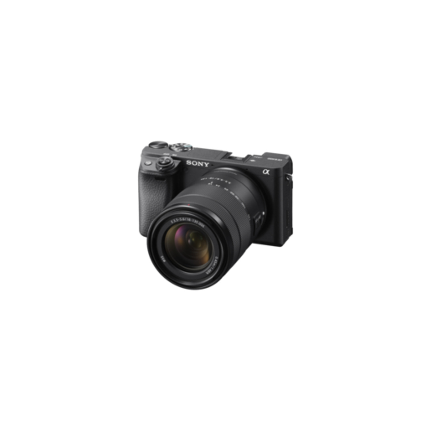 Appareil photo Sony noir avec objectif, fond blanc.