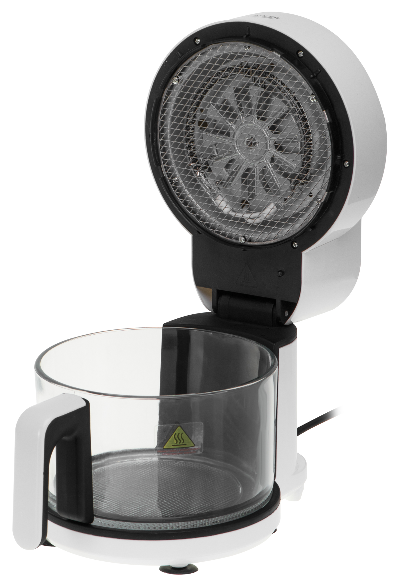 Egy nyitott fehér légkeveréses sütő. Az üvegtál látható. A ventilátor és a fűtőelem.
