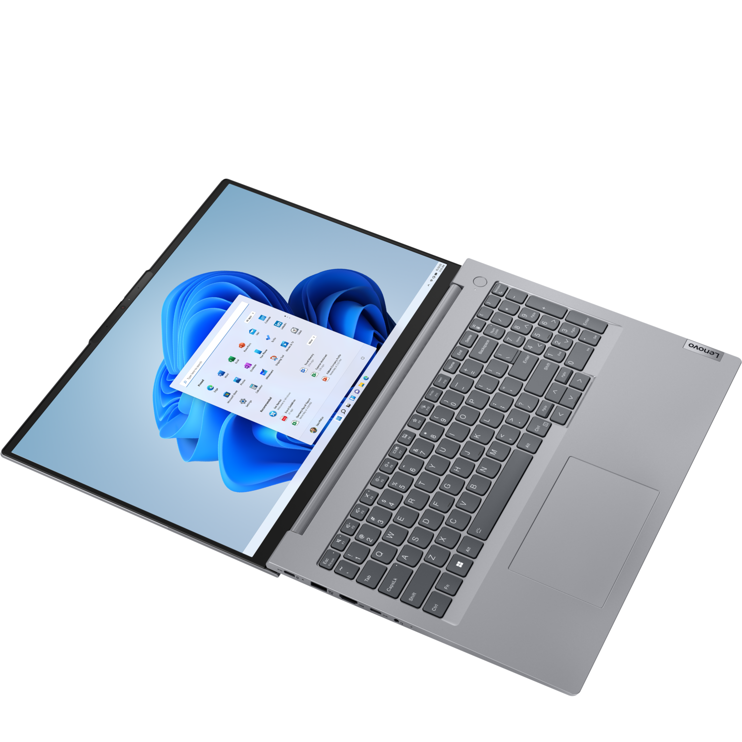 Laptop met open scherm, met een Windows-interface. Grijs toetsenbord en touchpad.