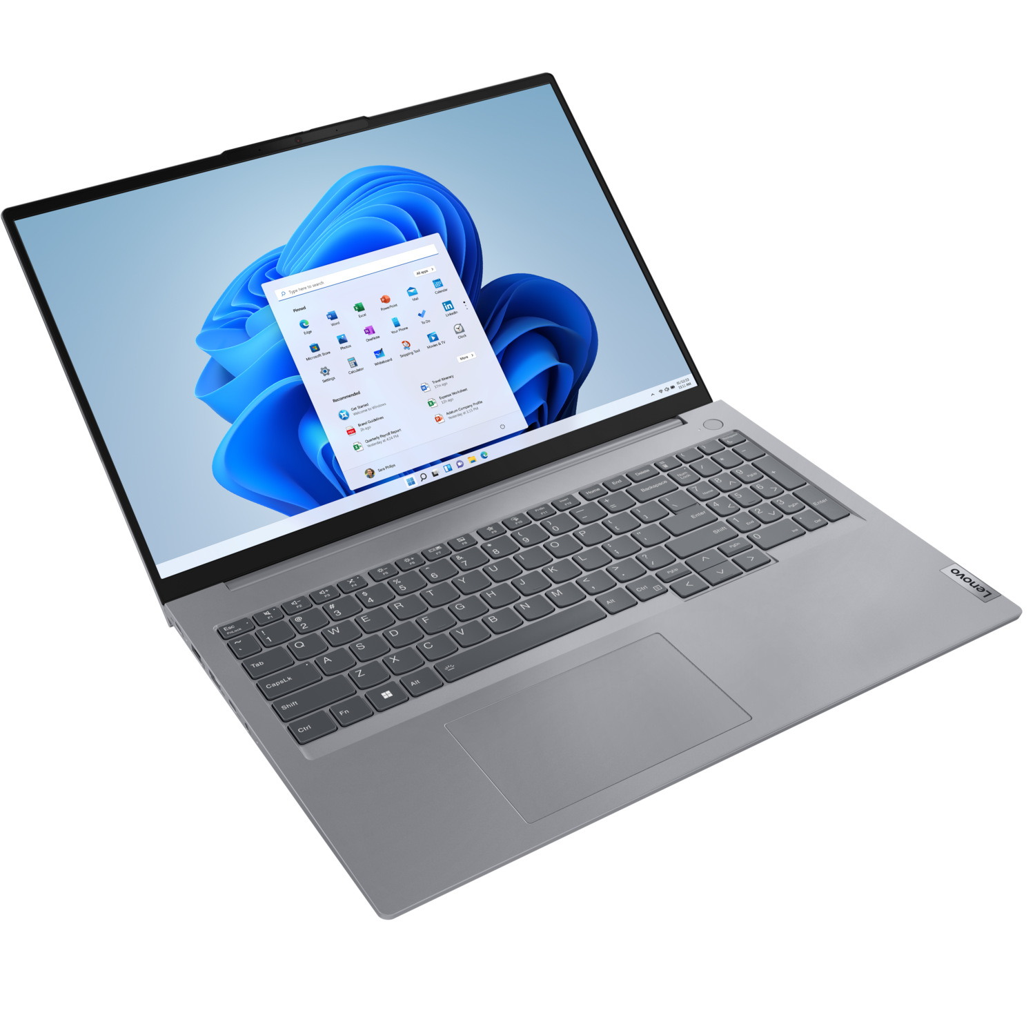 Een zilveren laptop met een Windows-achtergrond geopend op het scherm.