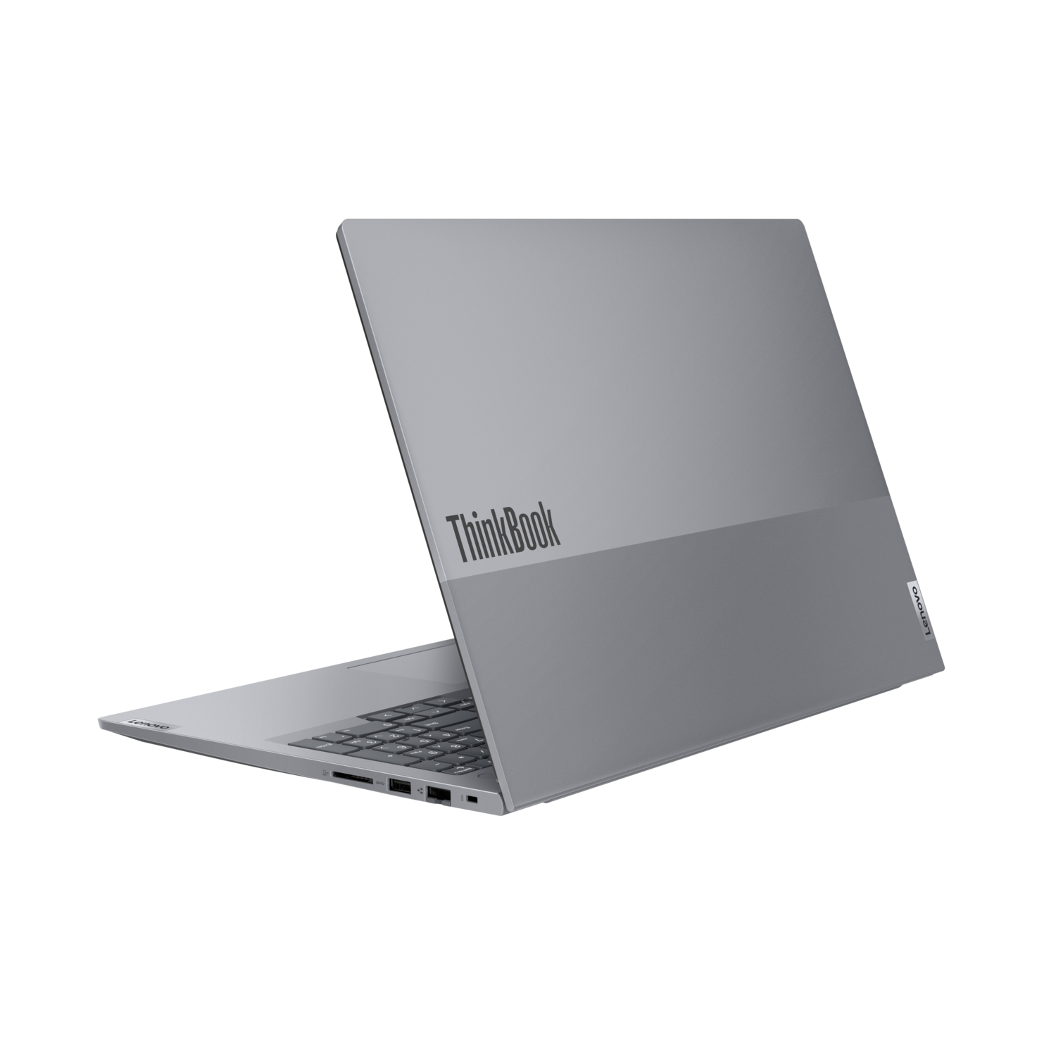 Grijze ThinkBook laptop achterkant op donkere achtergrond, schuin.