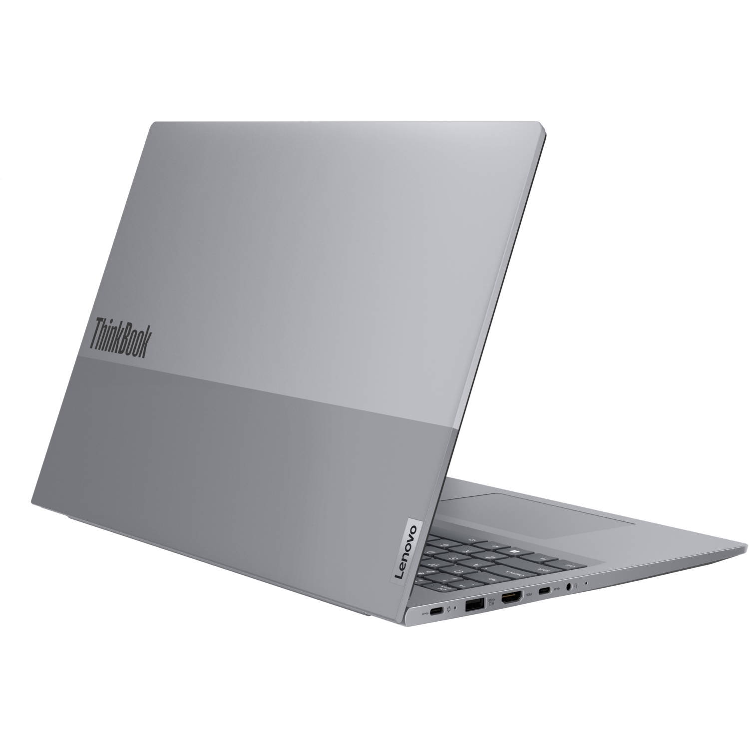 Een Lenovo ThinkBook-laptop. Hij is grijs en het scherm is open.