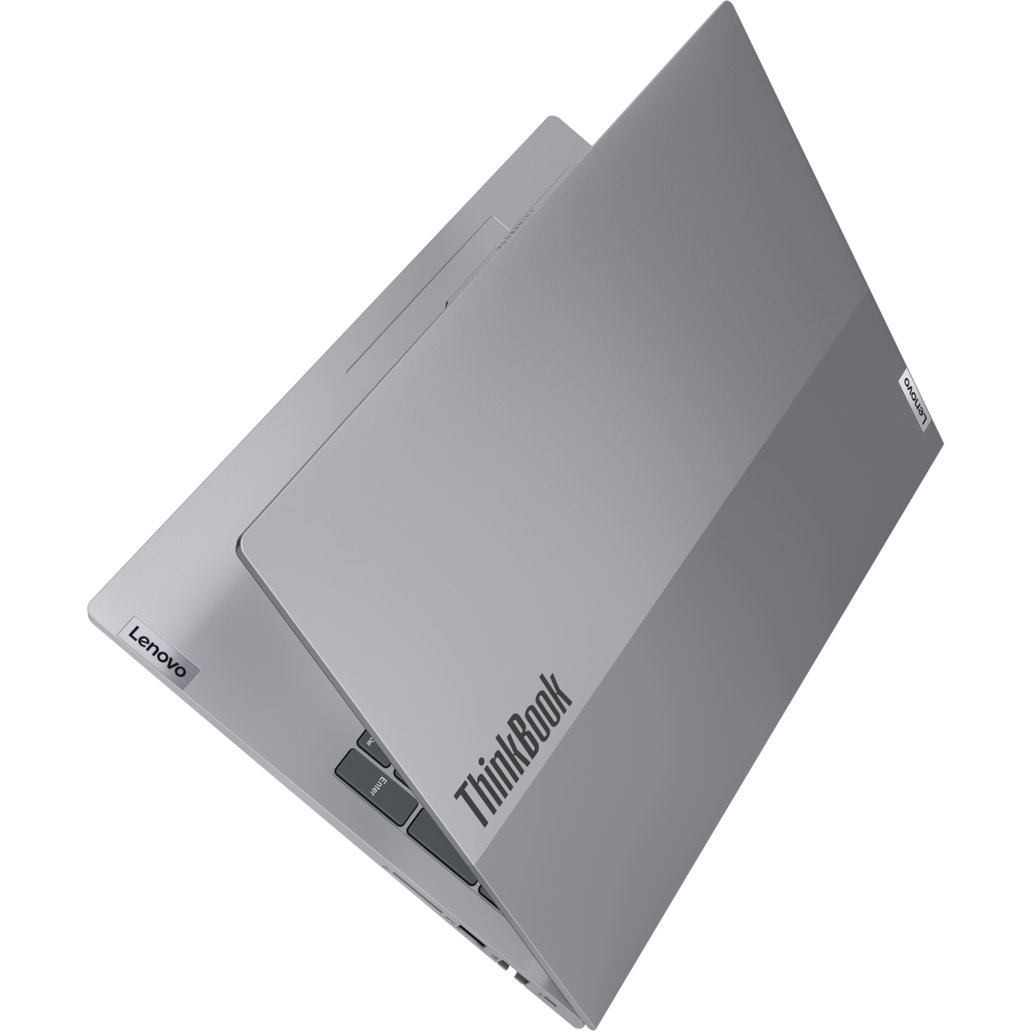Lenovo ThinkBook laptop open, met het ThinkBook logo.