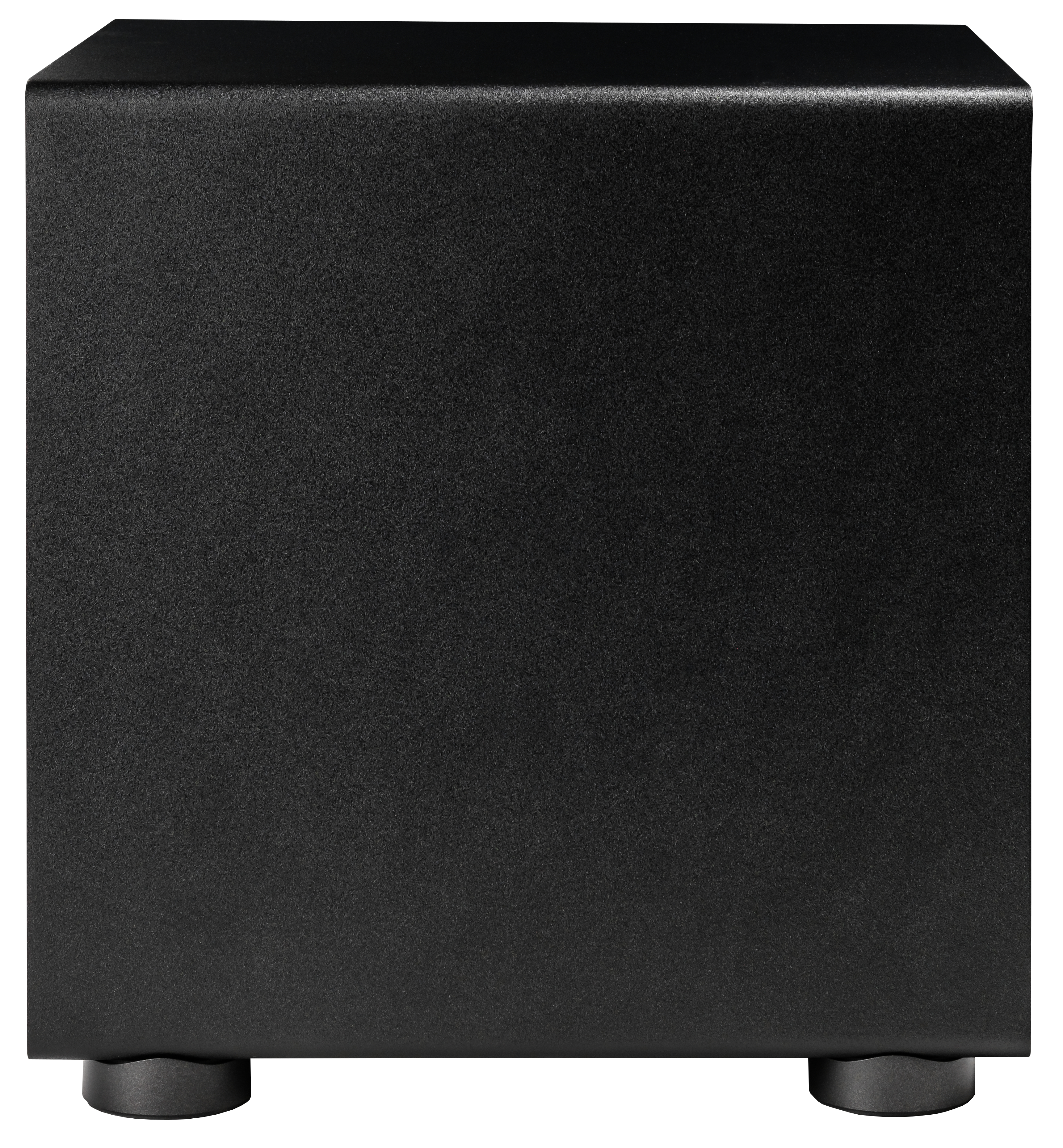 Ein schwarzer Subwoofer. Es ist eine rechteckige Box mit abgerundeten Ecken, die auf zwei kleinen Füßen steht.