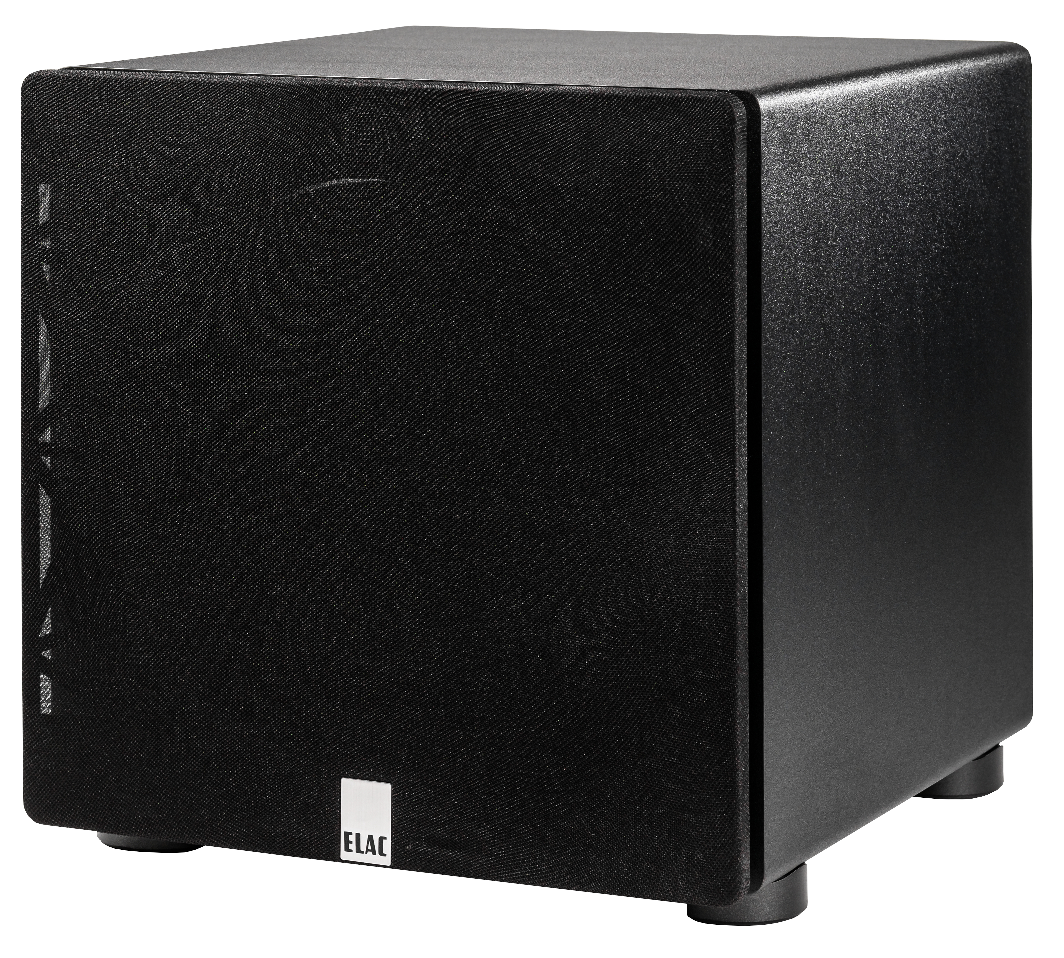 Ein schwarzer Subwoofer mit Stofffront und glatter Seite. Er hat kleine Füße und das ELAC-Logo. Der Hintergrund ist schlicht.