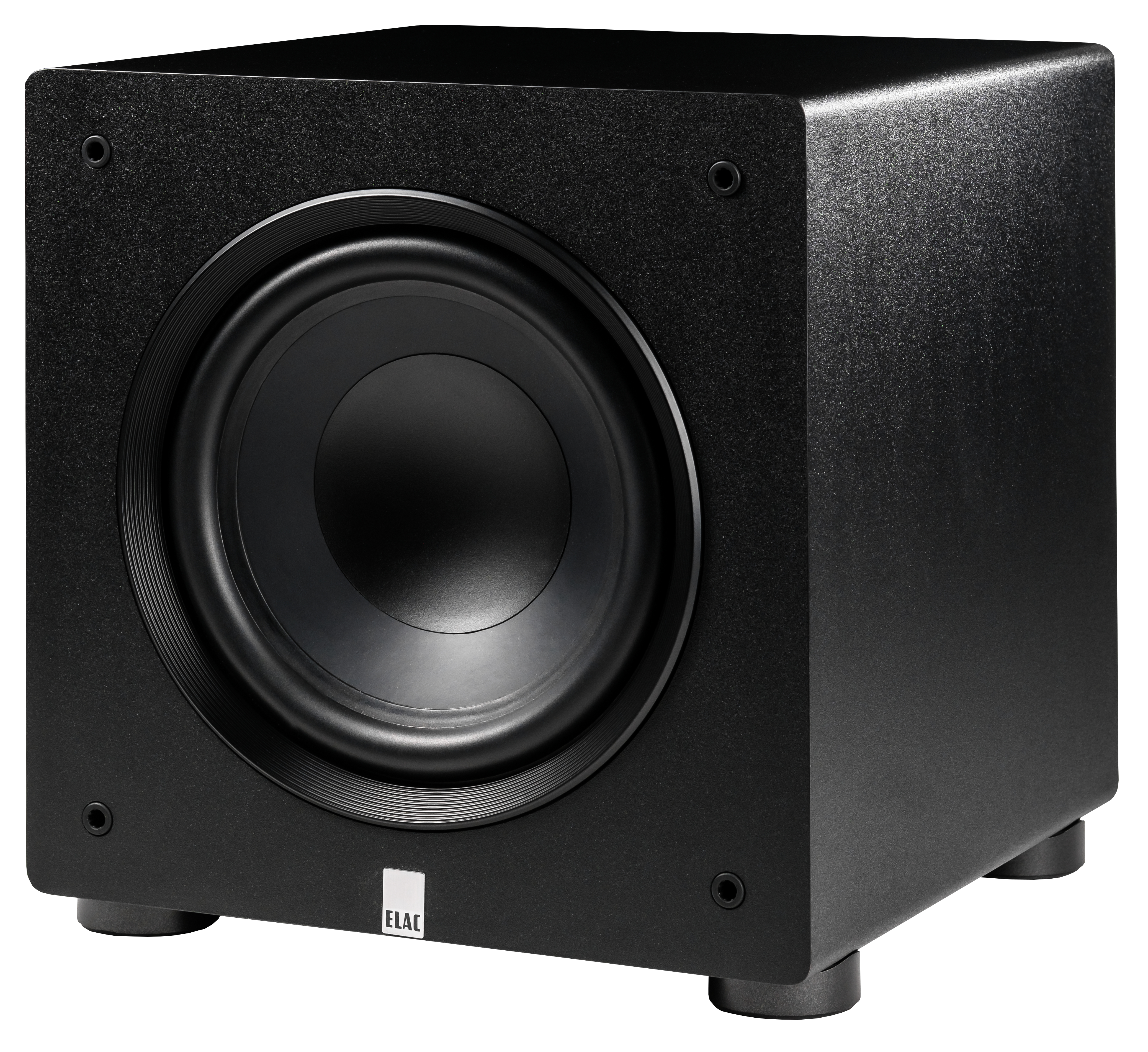 Ein schwarzer Subwoofer-Lautsprecher mit einem großen zentralen Lautsprecher und dem ELAC-Logo. Er hat eine kastenförmige Form und steht auf kleinen Füßen.