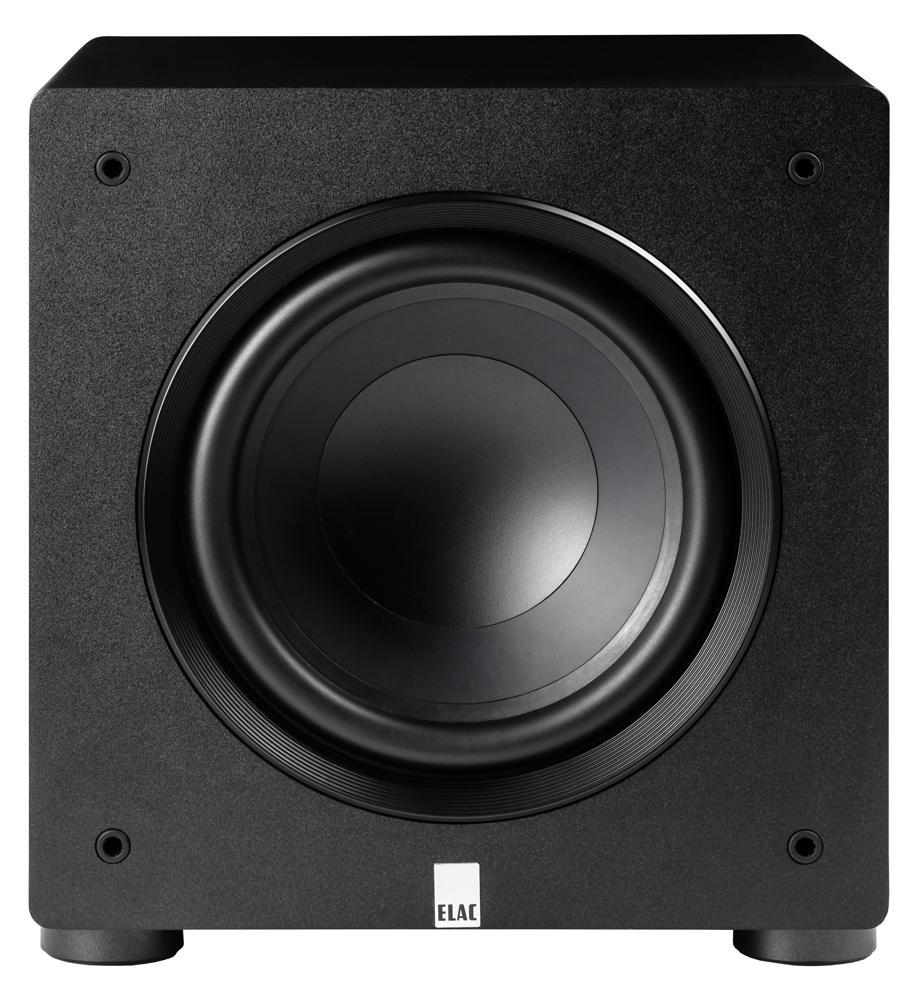 Schwarzer Subwoofer auf Weiß. Es hat einen runden Lautsprecher, vier Schrauben und das ELAC-Logo. Ein solides, einfaches Design.
