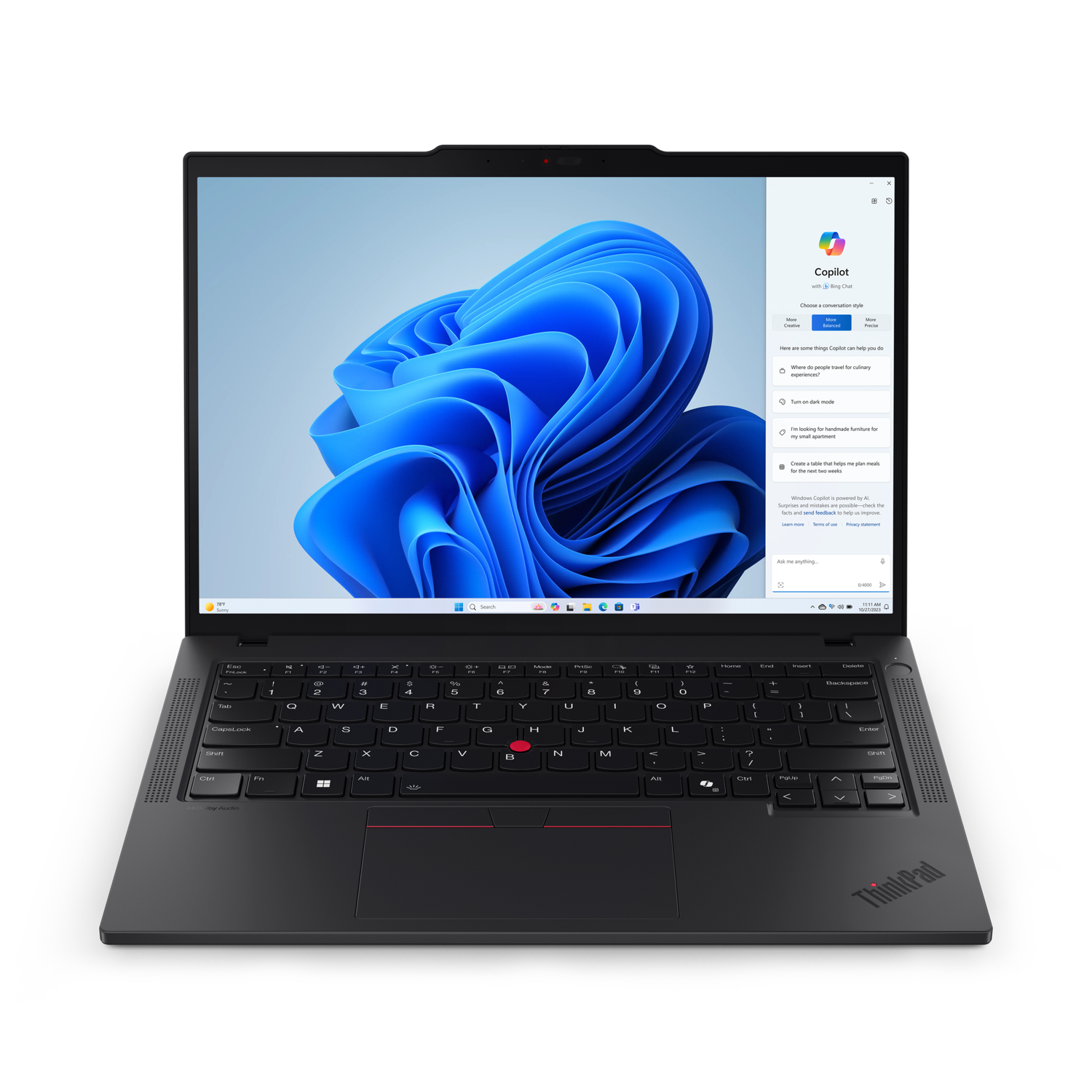 Zwarte laptop met een scherm dat een blauwe werveling toont. De laptop heeft een toetsenbord en het woord "ThinkPad".
