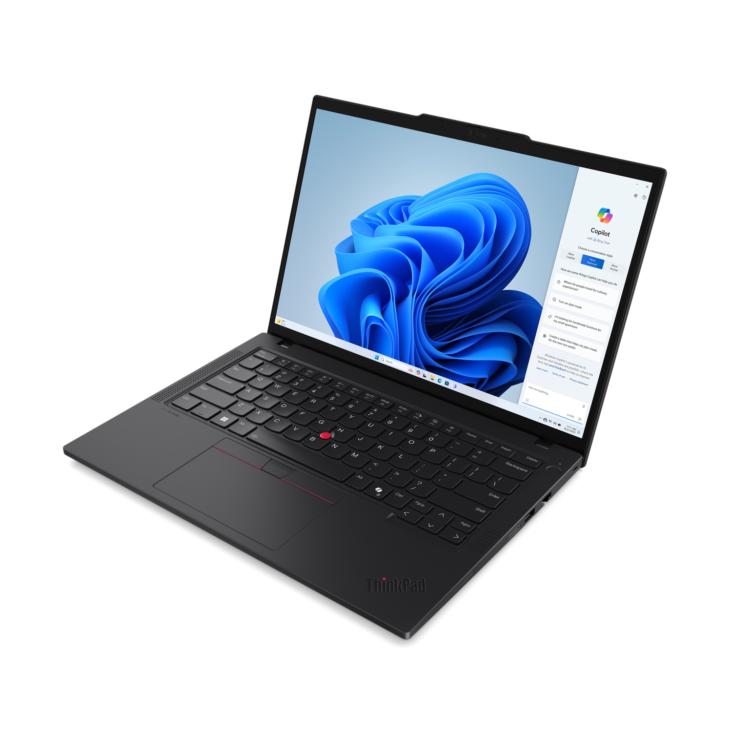 Een zwarte ThinkPad laptop open op een witte achtergrond, met een Windows interface.